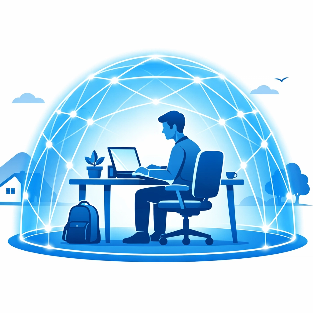Illustration of a remote employee working securely under a protective digital dome.