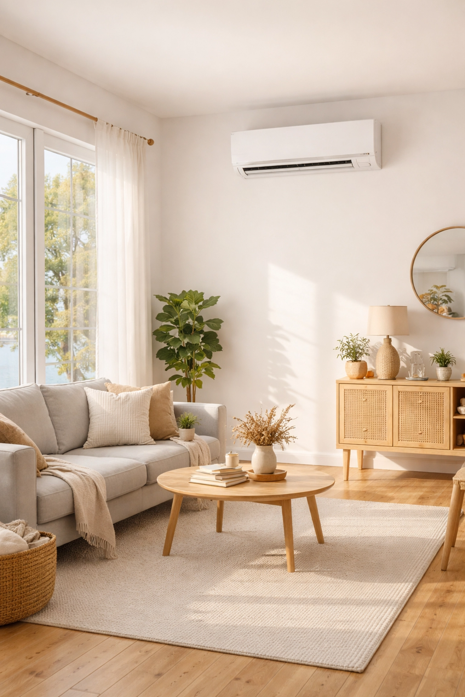 Modern mini split unit in a sunlit Maine living room showing energy-efficient home heating and cooling.