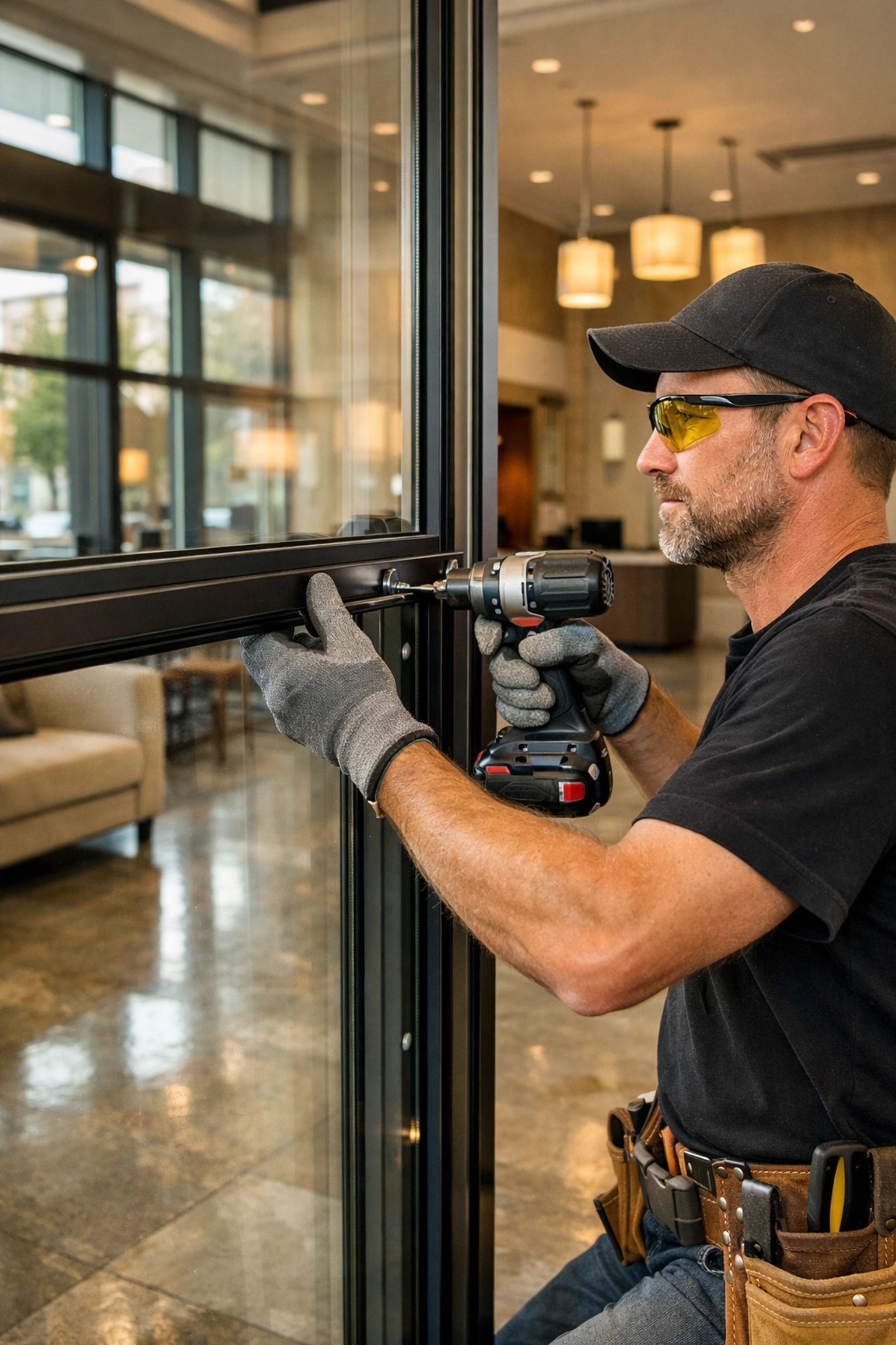 Skilled worker installing hurricane-impact glass during a commercial construction project in Florida.