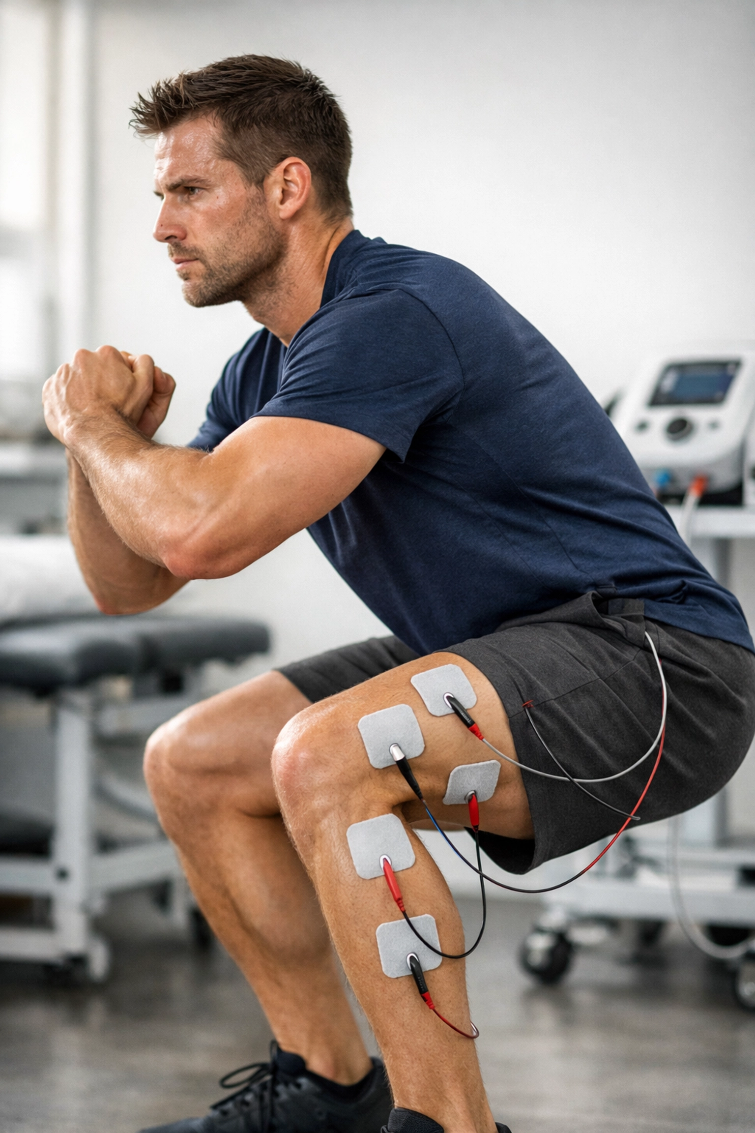 Athlete performing squat during ARP Wave therapy with electrode pads on leg