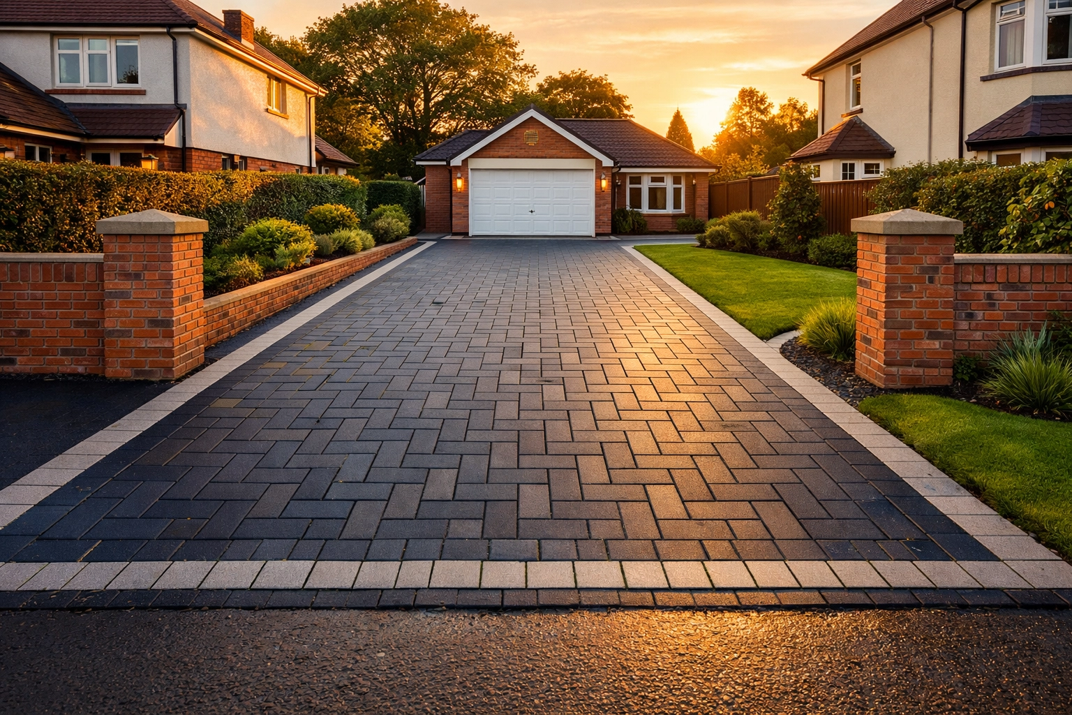 Completed slate-grey block paving driveway with brickwork walls in a Cardiff residential area.