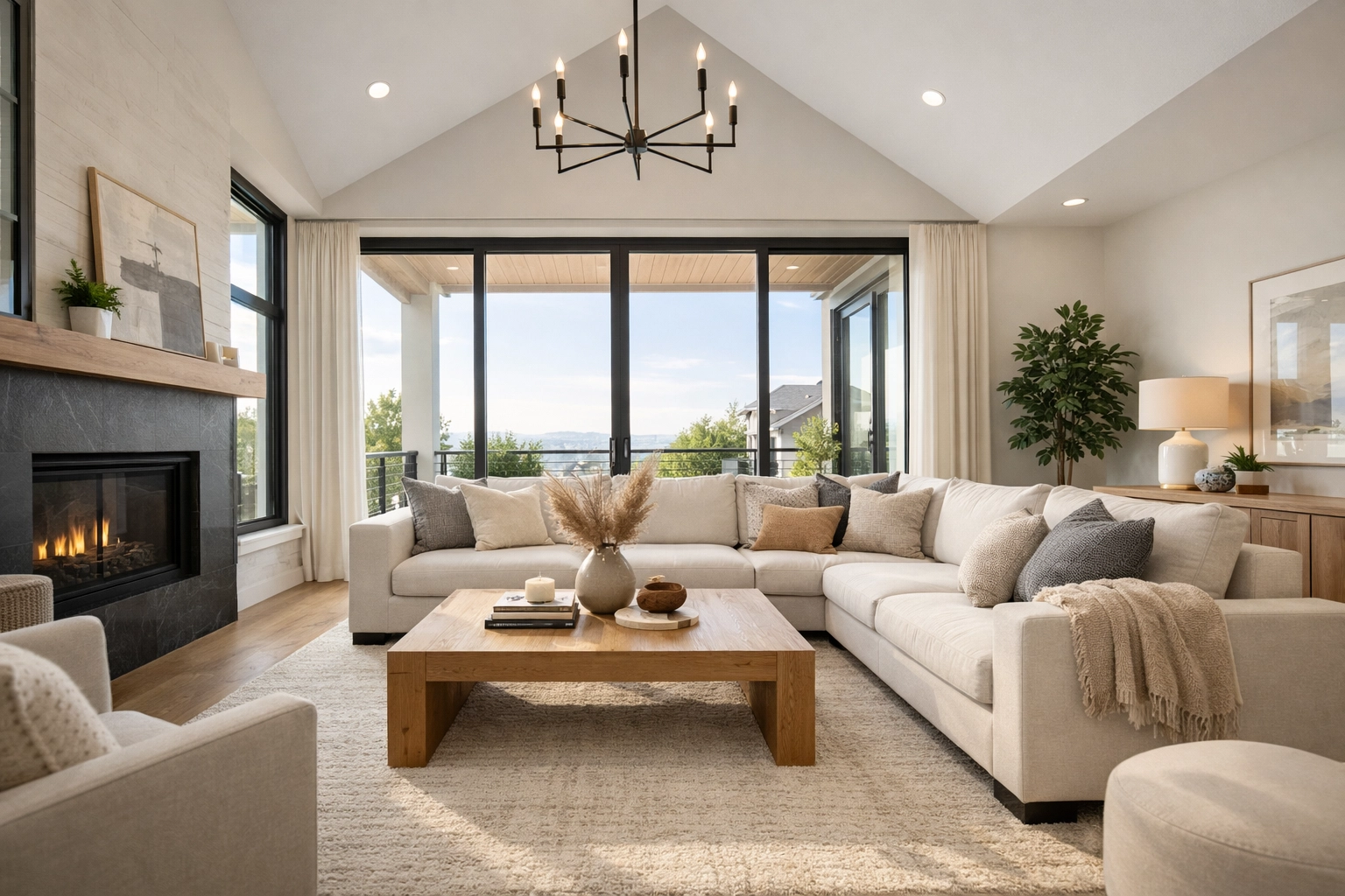 A professionally staged modern living room in a market-ready Denver home with natural light.