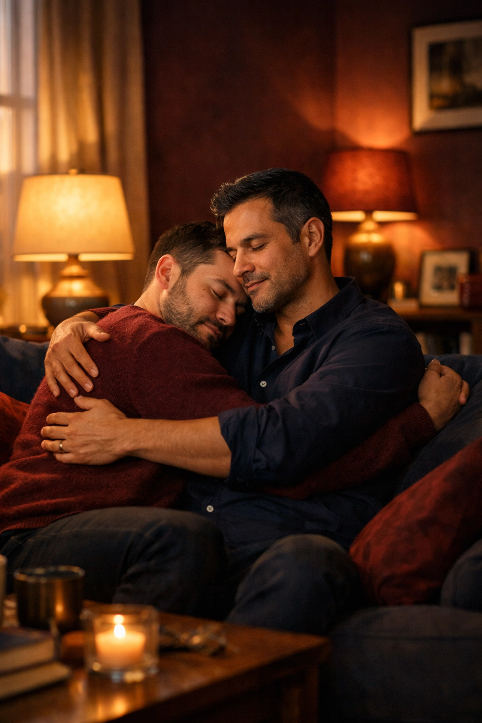 Gay couple embracing in cozy home environment demonstrating comfort and emotional safety in MM romance