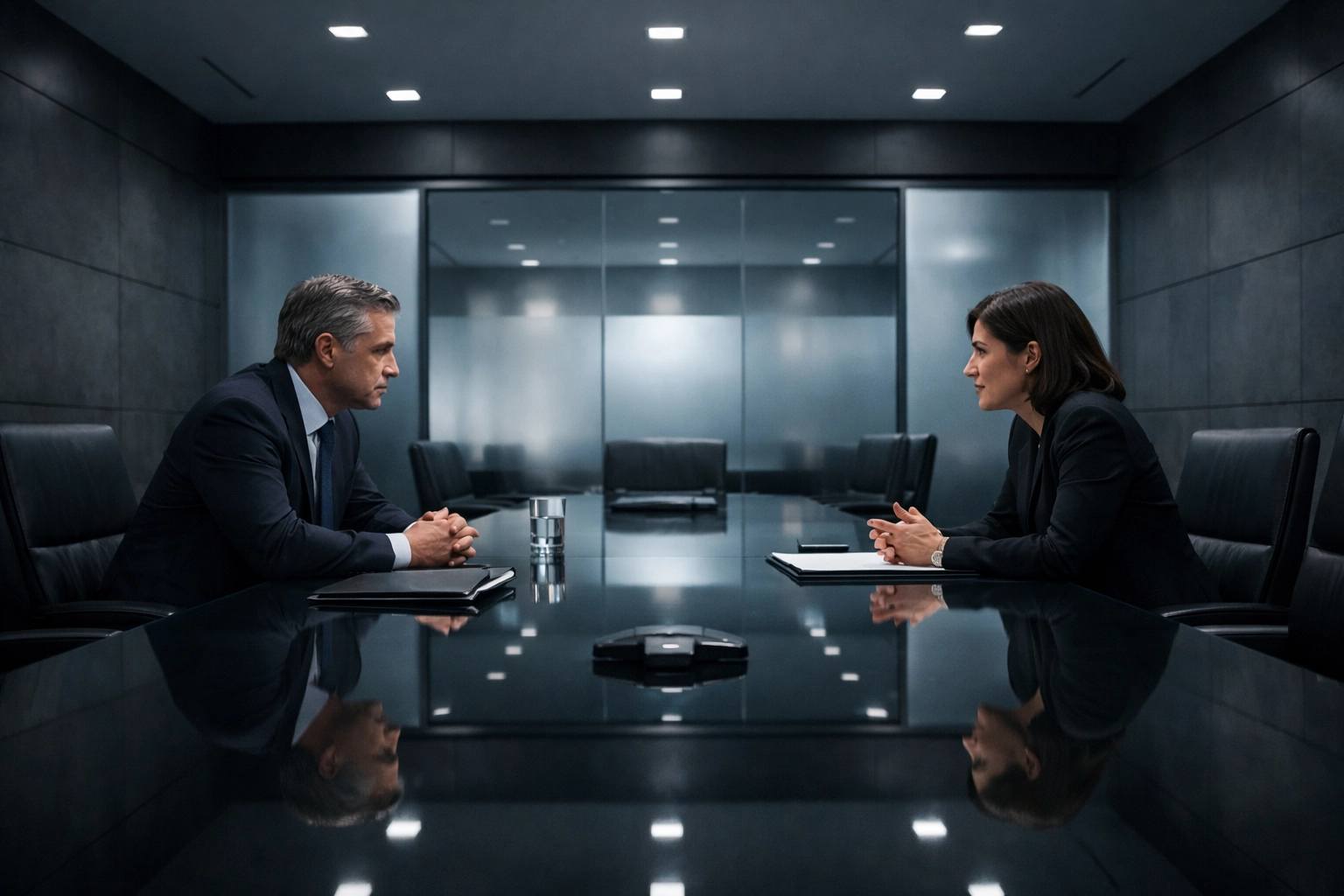 Two professionals having a private consultation regarding a confidential business exit in a North Carolina office.