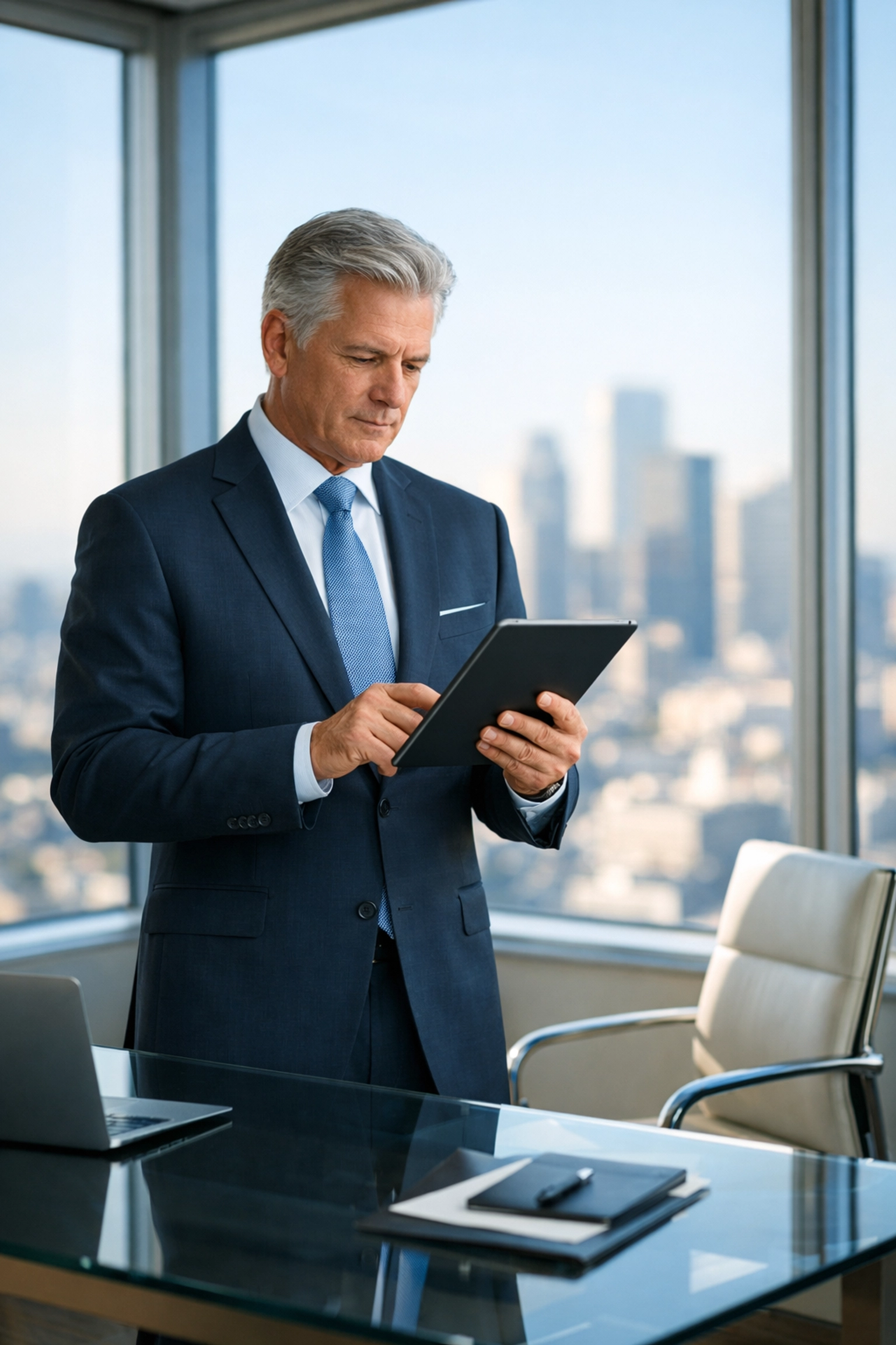 The Executive’s Guide to Super Bowl Brand Presence: How to Turn 48 Hours into 12 Months of Pipeline Senior executive in a high-rise office planning a Super Bowl brand presence strategy on a digital tablet.