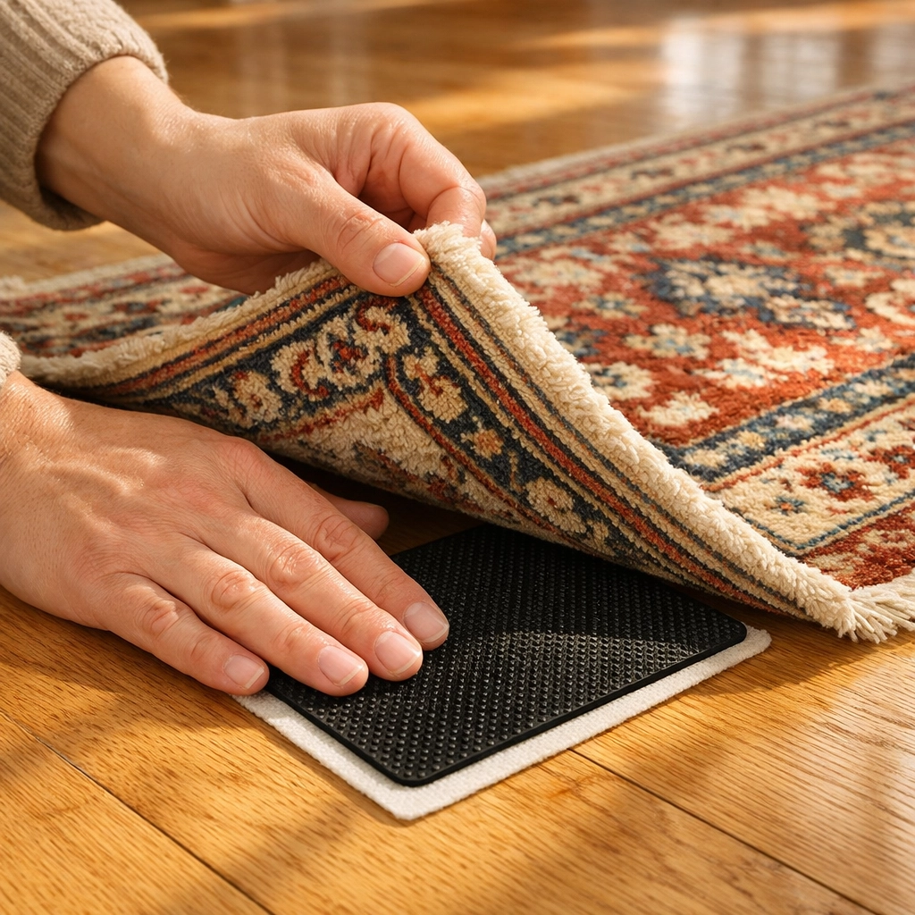 Hands installing a non-slip rug pad under an area rug to prevent tripping and falls at home.