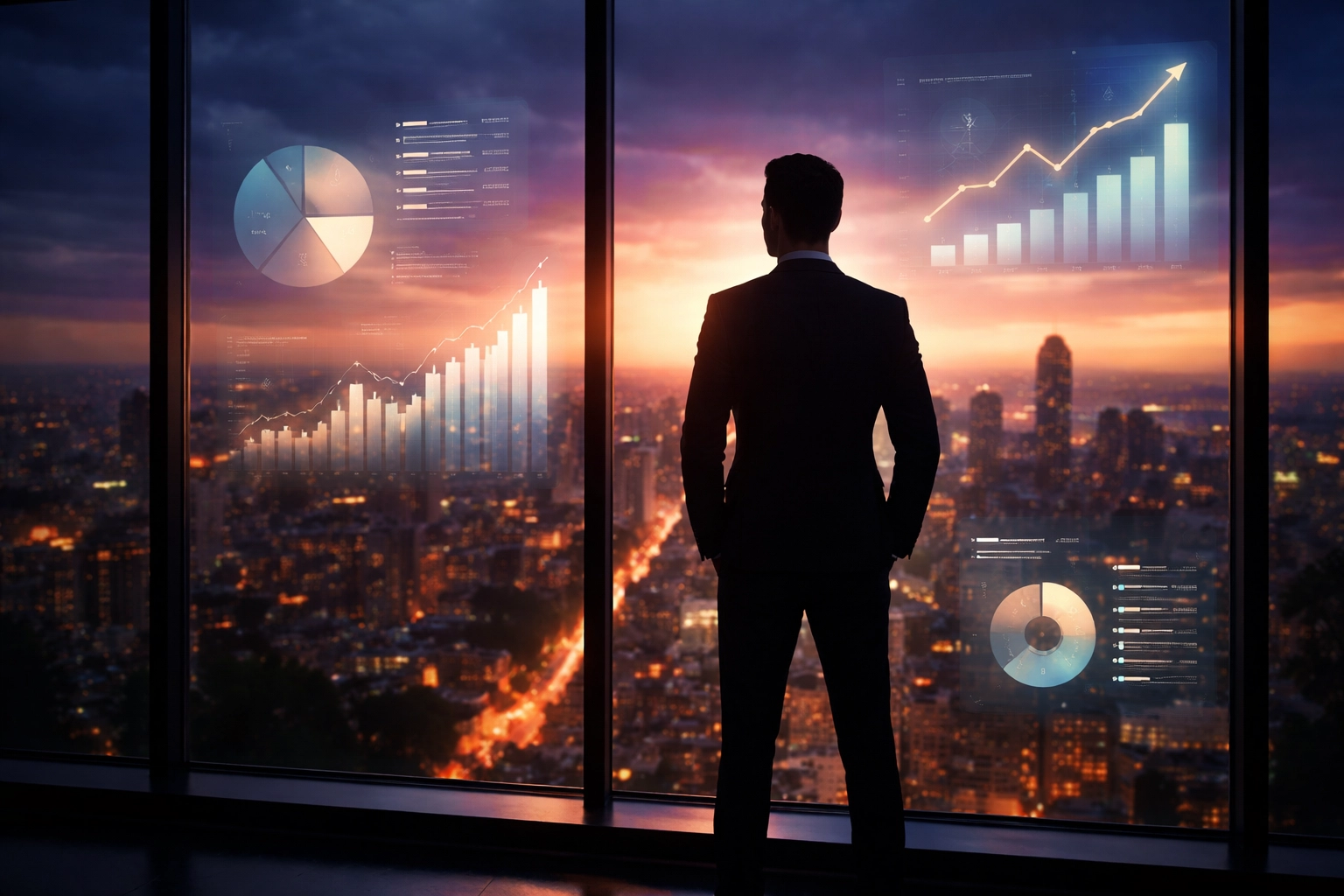 Investor overlooking a city skyline, analyzing asset allocation and growth opportunities for diversified portfolios