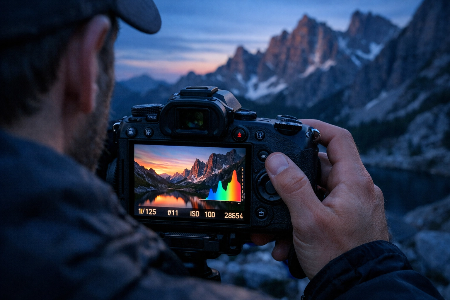 Camera LCD screen showing a histogram and landscape while mastering manual mode outdoors.