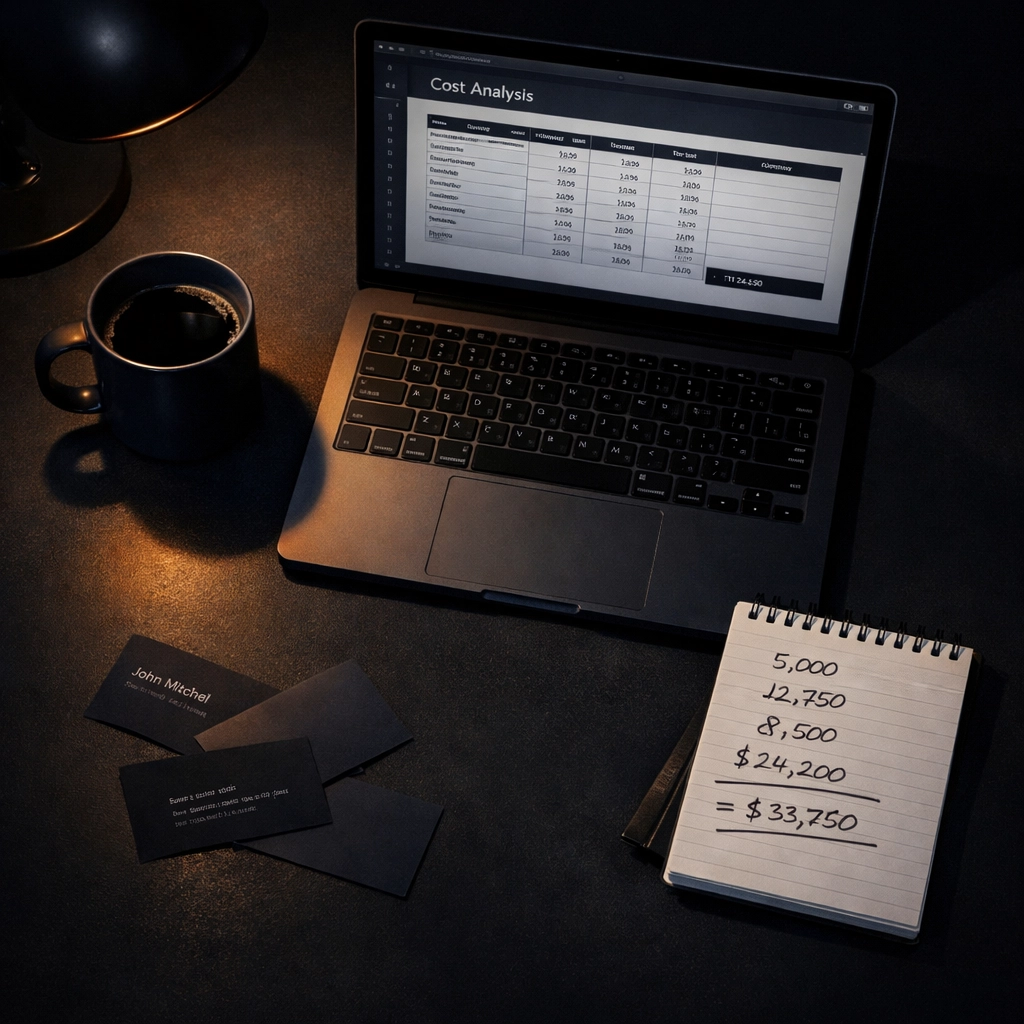 Startup founder calculating SDR hiring costs on laptop at desk