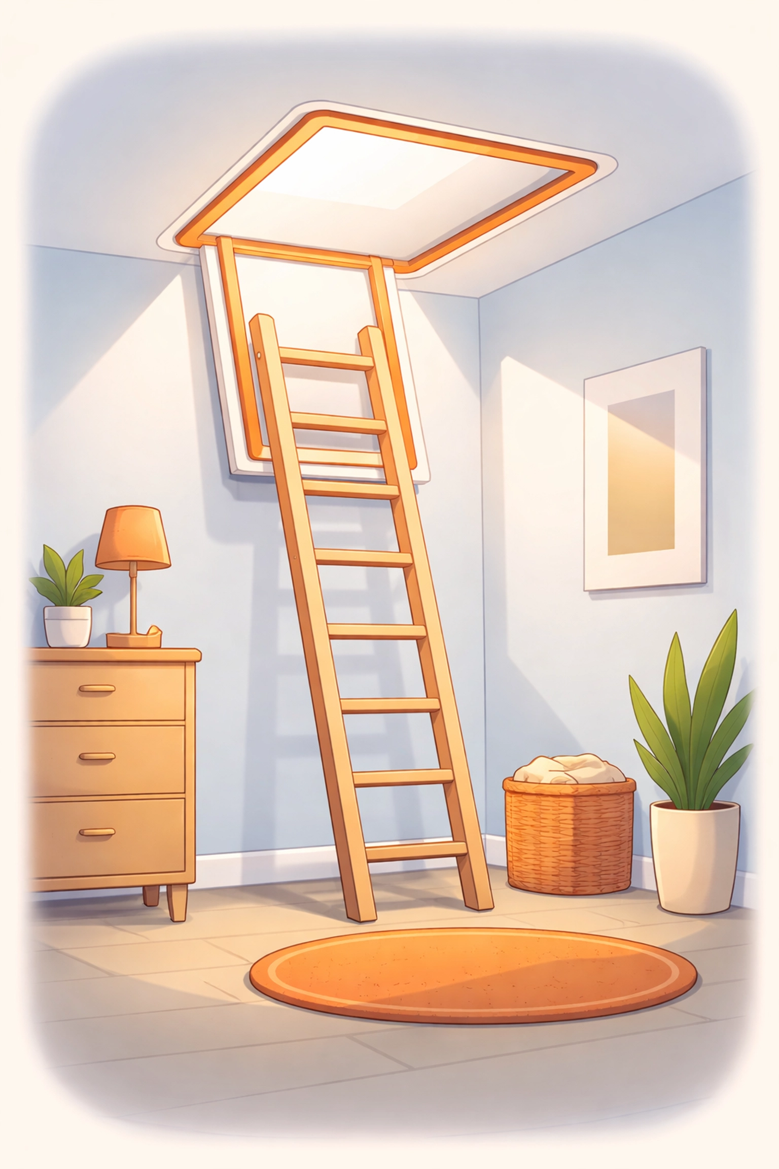 Minimal illustration of an insulated loft hatch with draught-proofing, showing how proper sealing keeps the loft warm.