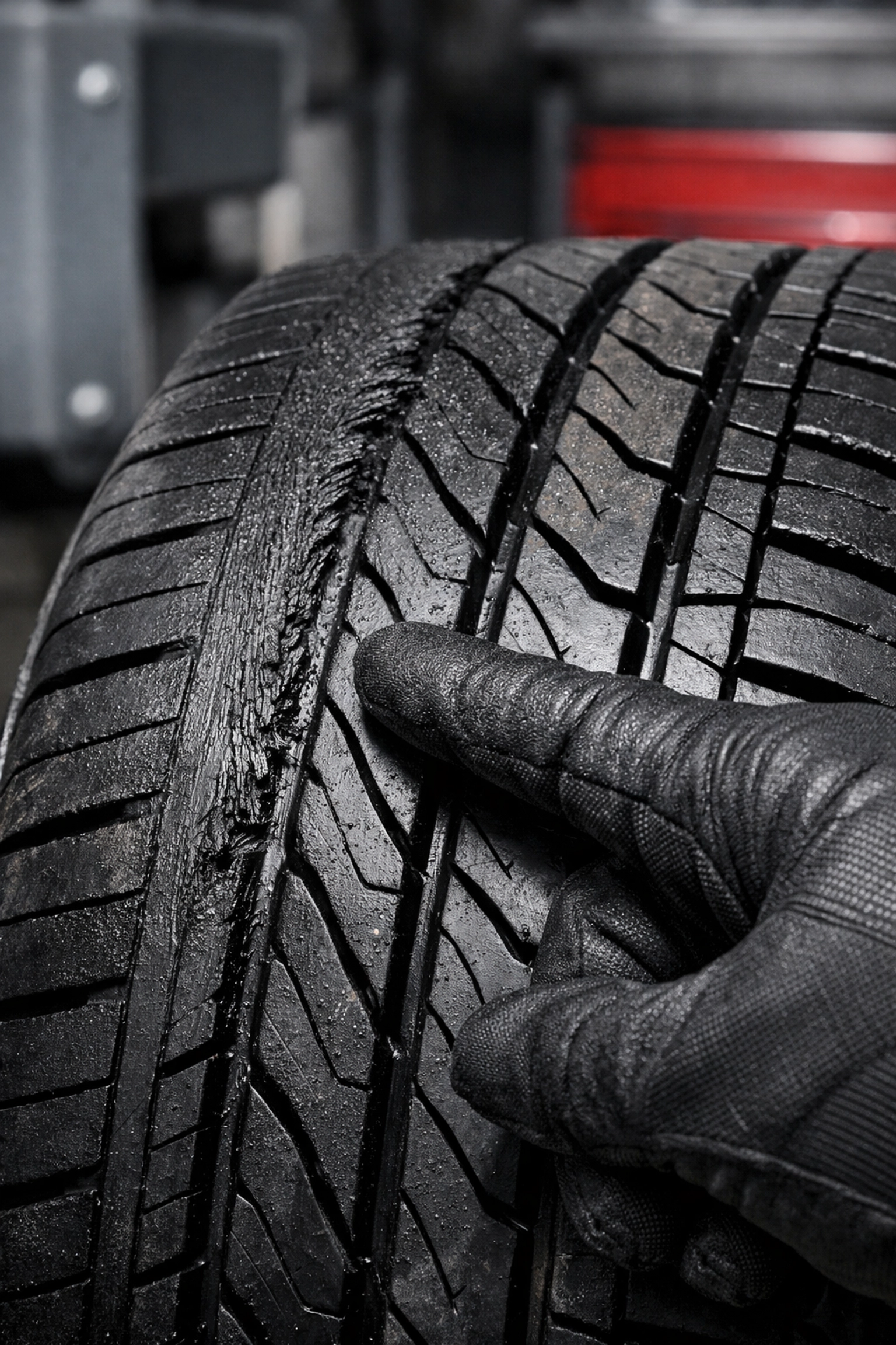 A mechanic pointing to uneven tire tread wear and feathering caused by misalignment.