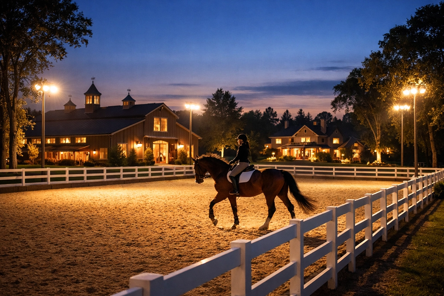 Lit riding arena at dusk on luxury Marvin equestrian property with barn and home