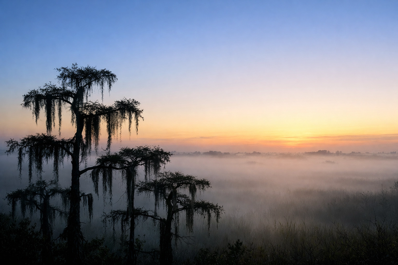 Misty morning landscape at Pahayokee Overlook featuring cypress trees at sunrise in the Everglades.