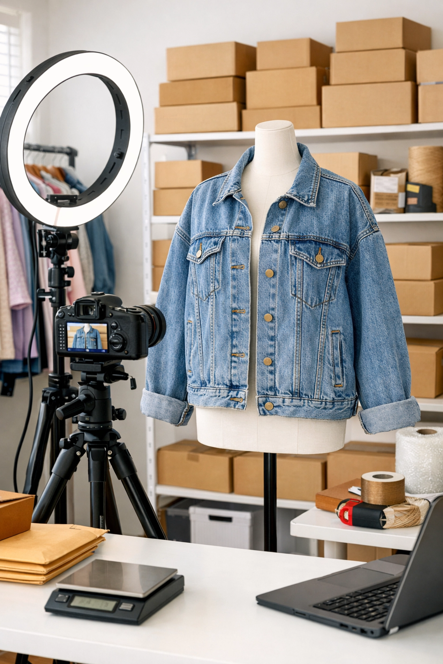 Professional reselling studio setup with a vintage denim jacket ready for listing on eBay.