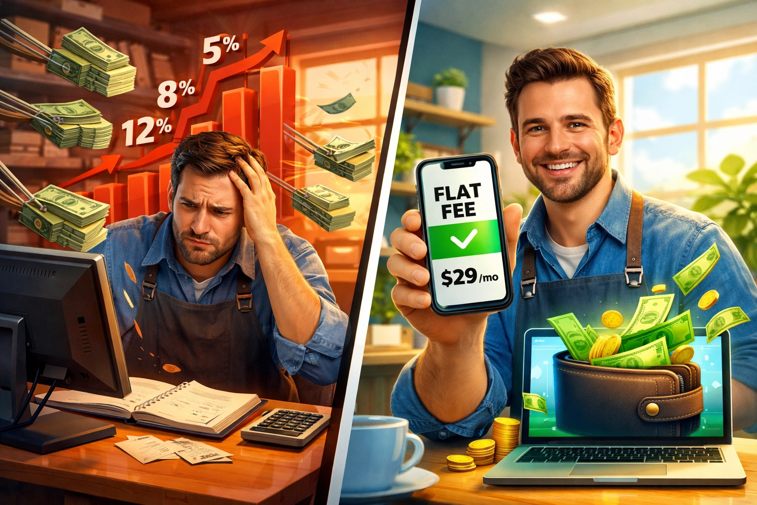 Small business owner comparing percentage-based crypto fees versus flat gas-only fee structure