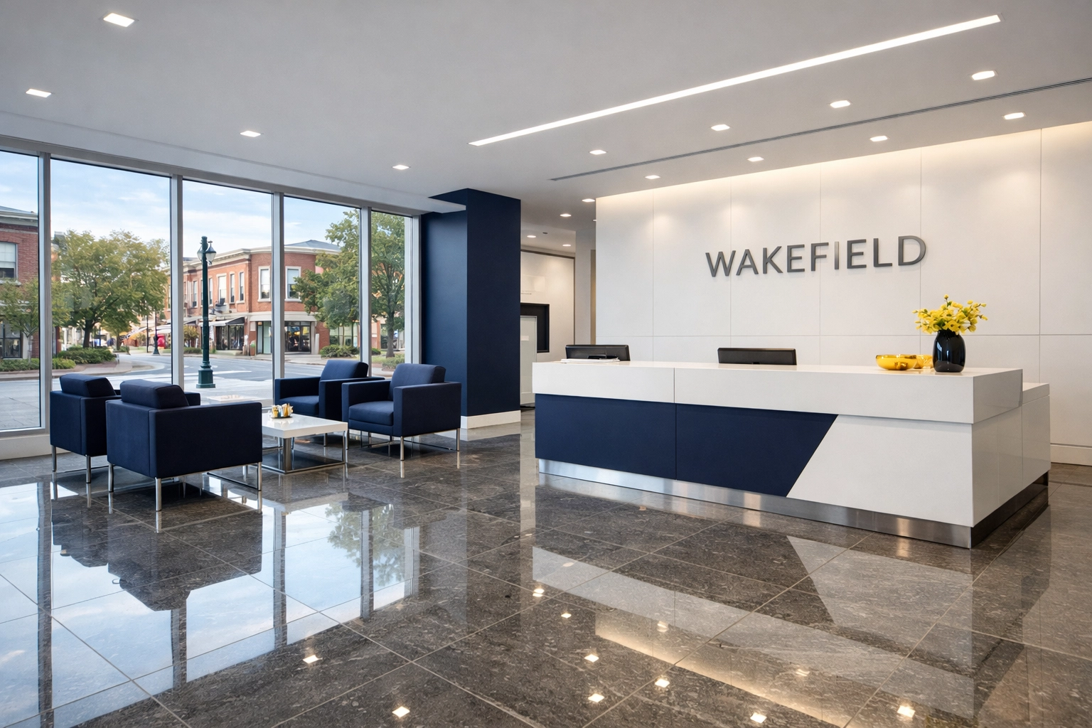 Polished stone floors in a professional Wakefield office lobby showing quality commercial cleaning results.