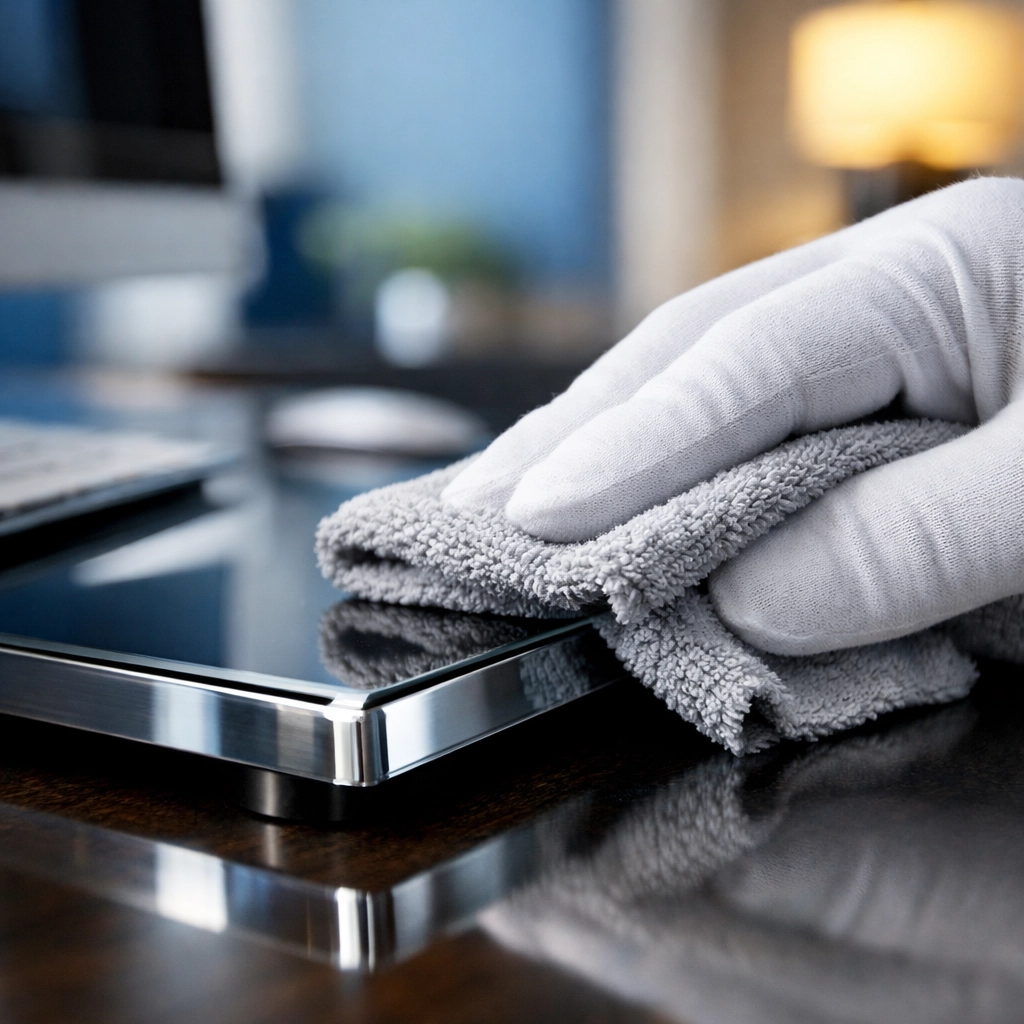 Professional commercial cleaning in Foxborough showing a gloved hand dusting a modern office monitor stand.