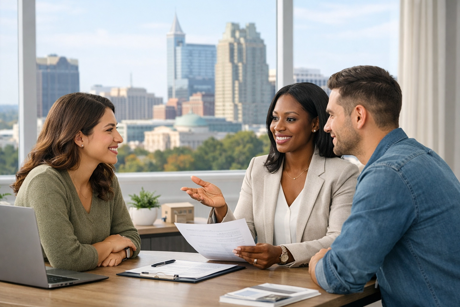 A Black female real estate expert explains a home purchase contract to a diverse couple in a Raleigh office.