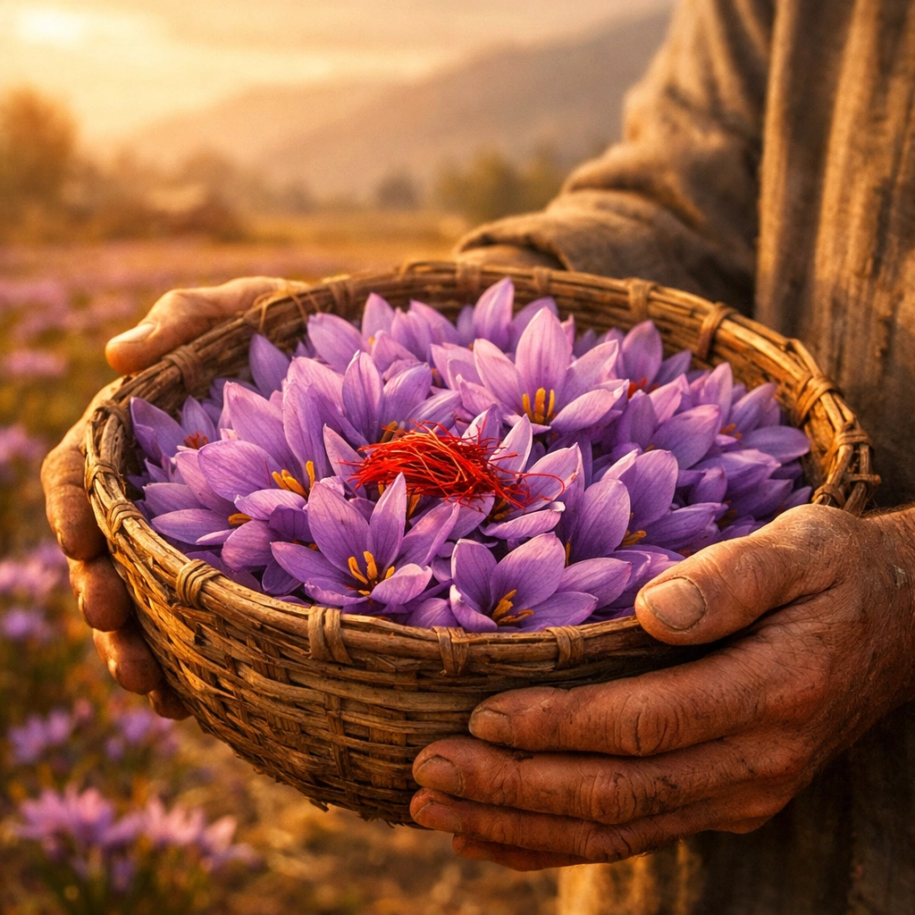 Harvesting fresh purple crocus flowers by hand in the saffron fields of Pampore, Kashmir.
