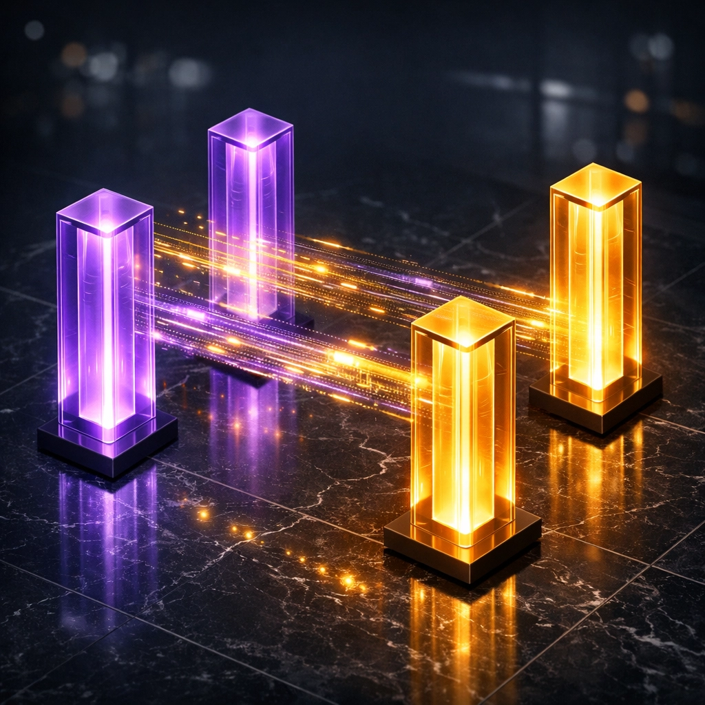 Connected glowing pillars symbolizing the 4 pillars of a predictable revenue operating system.