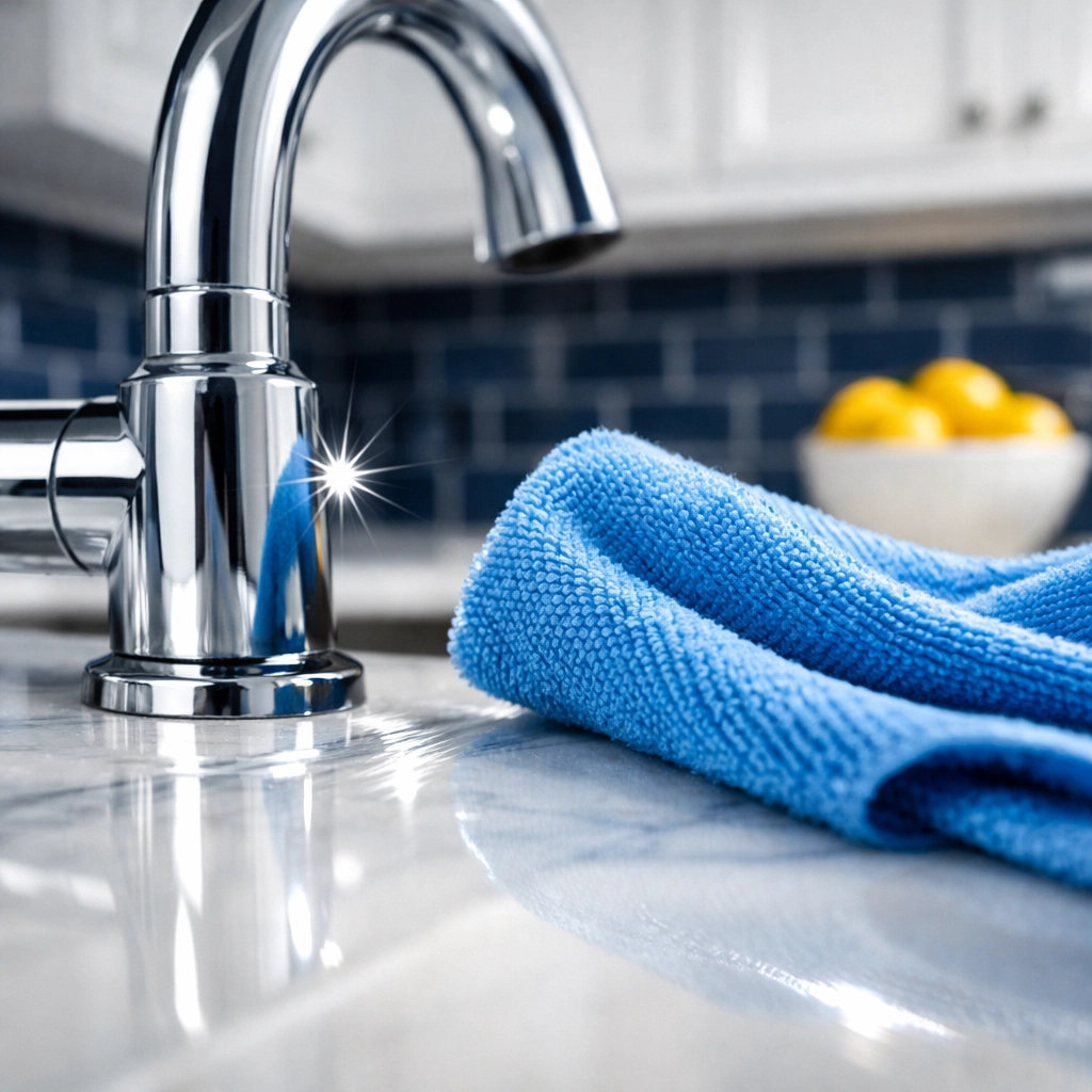 Close-up of a deep-cleaned kitchen faucet and counter during a recurring house cleaning in Ashland.