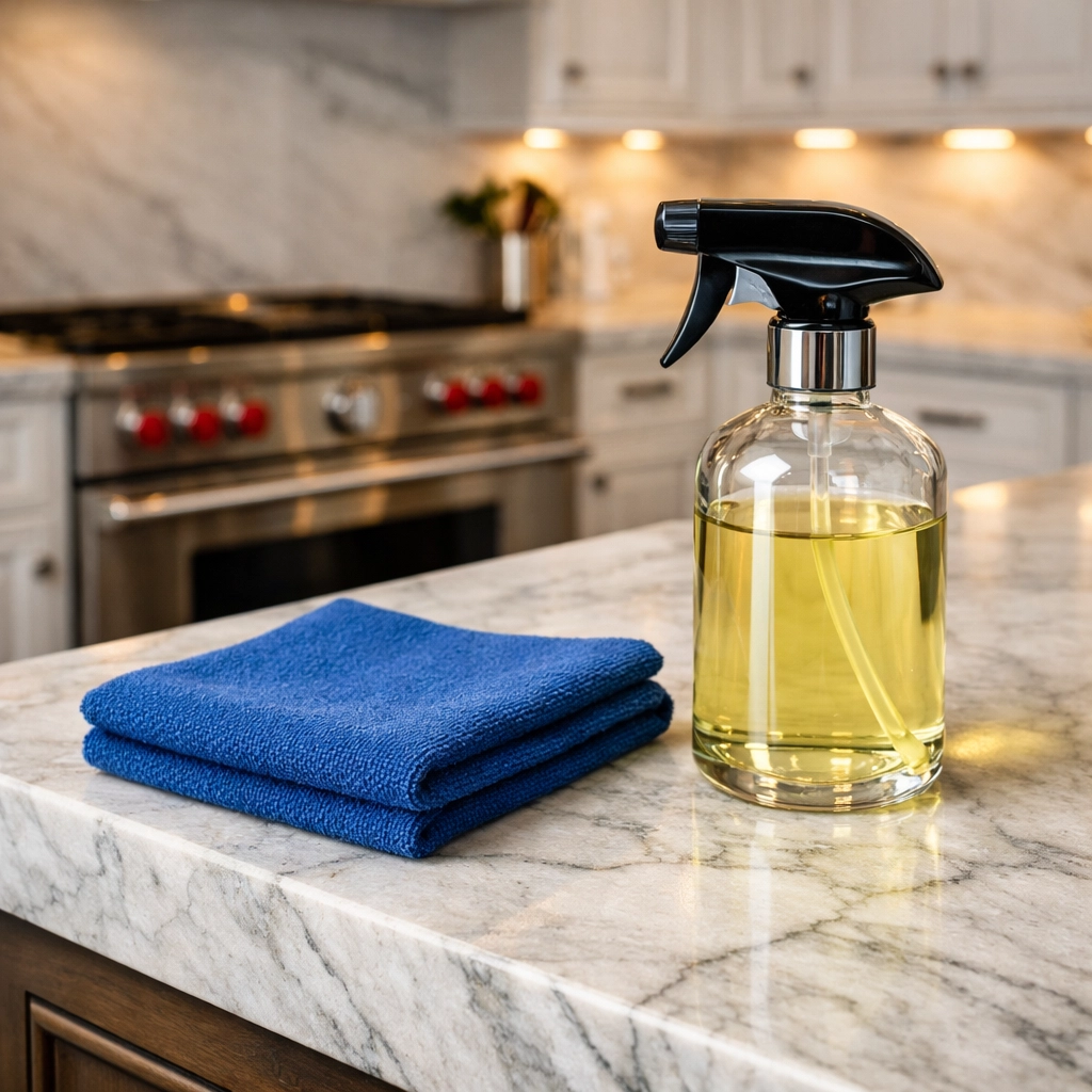Quartzite kitchen island being meticulously sanitized using eco-friendly luxury house cleaning in Hamilton.