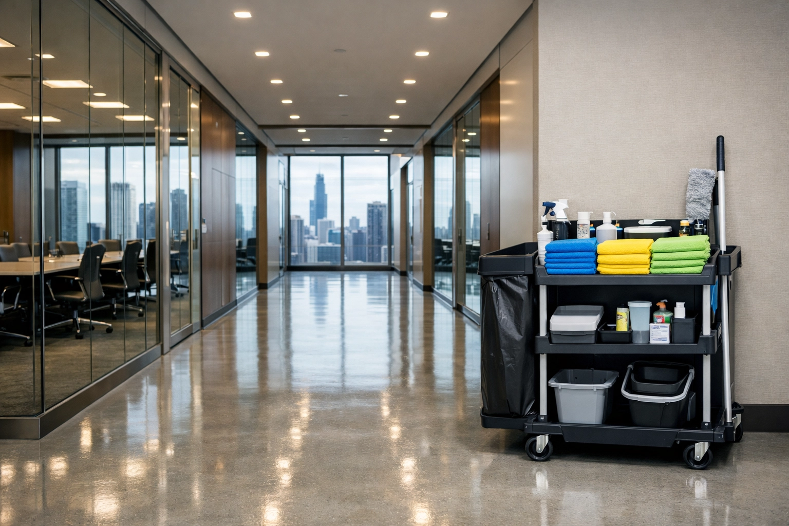 Organized janitorial cart with professional cleaning supplies in a modern Chicago office hallway.