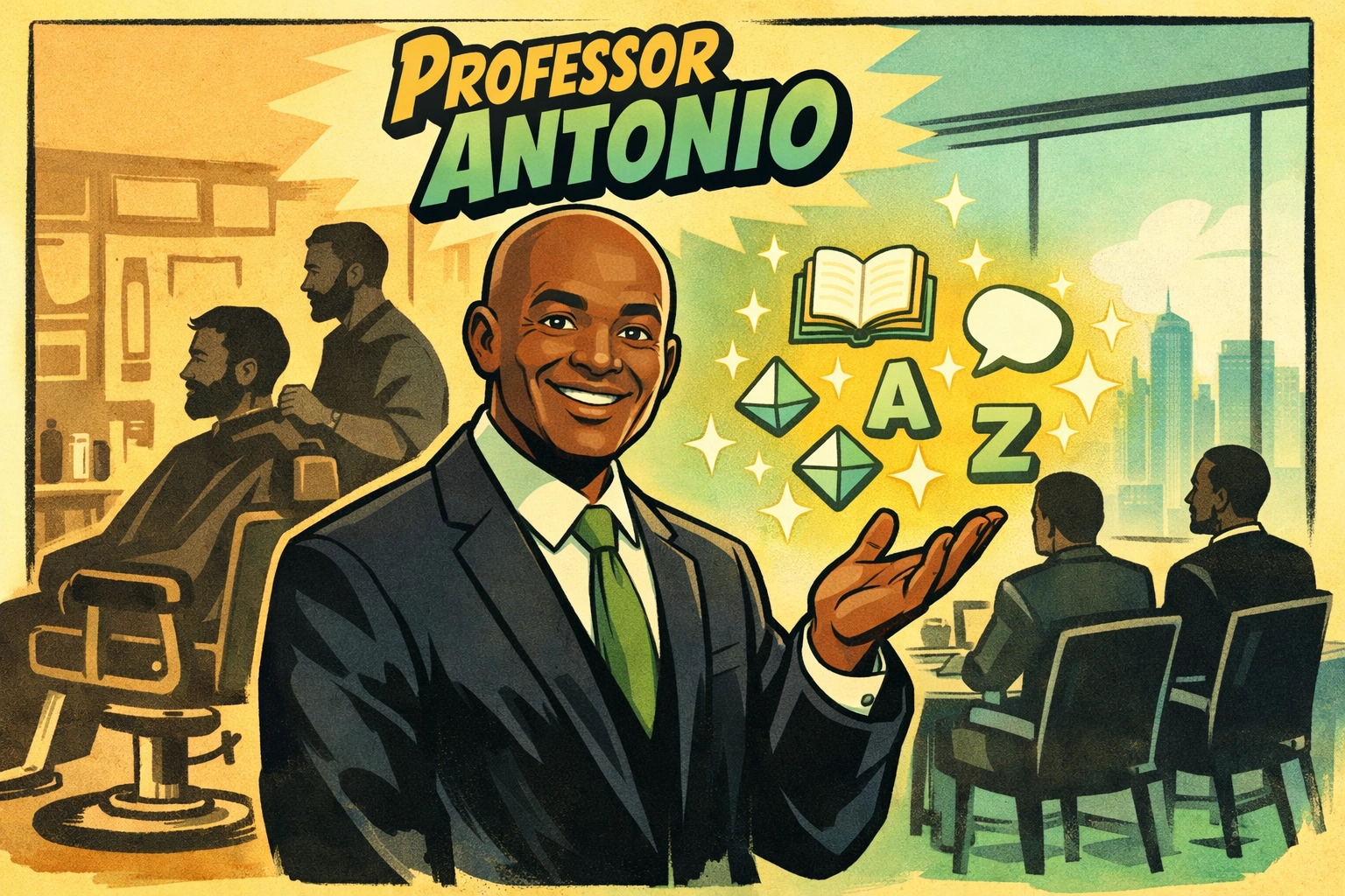 Professor Antonio illustrates the journey of literacy from a barbershop chair to a professional boardroom setting.