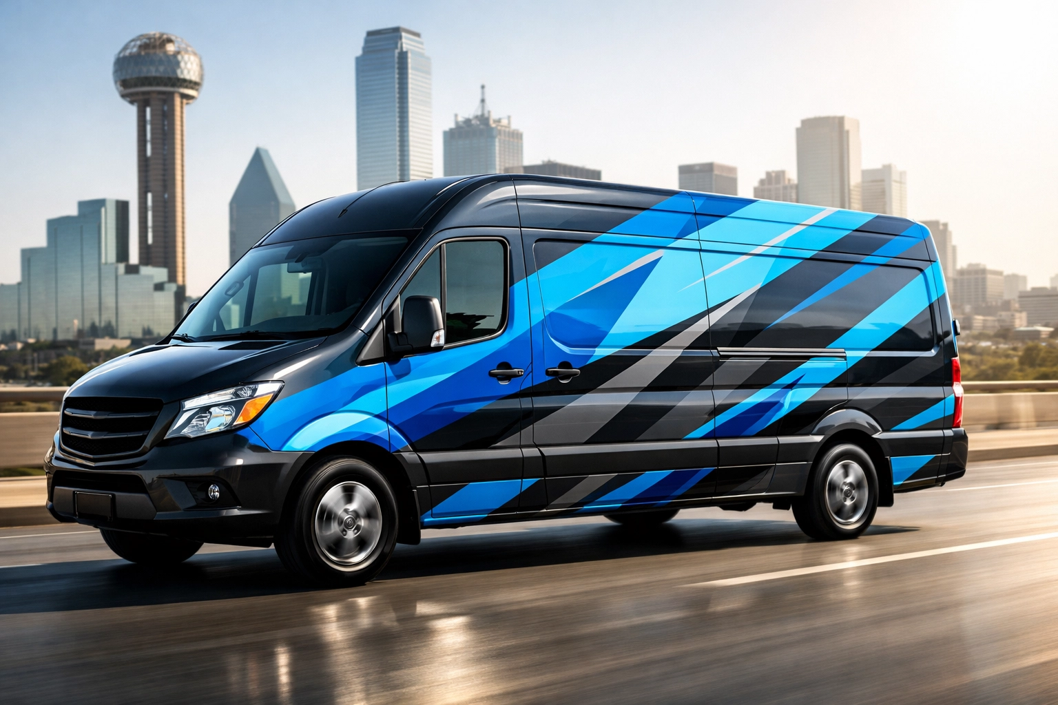 A commercial van with a full vehicle wrap driving in Dallas for high-impact mobile advertising.