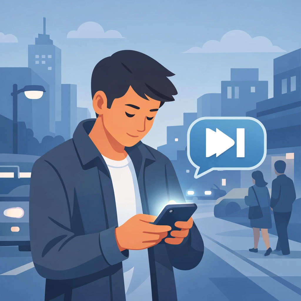 Illustration of a person skipping a political ad on a smartphone, showing distracted mobile viewing habits.