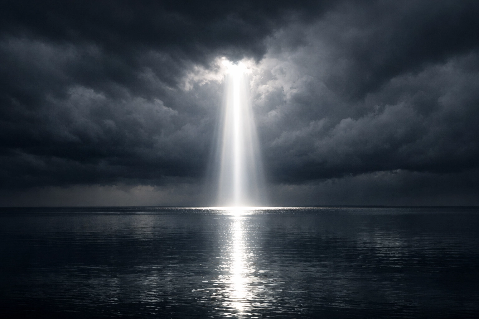 A beam of sunlight breaking through dark storm clouds over water, representing hope amidst global turmoil.