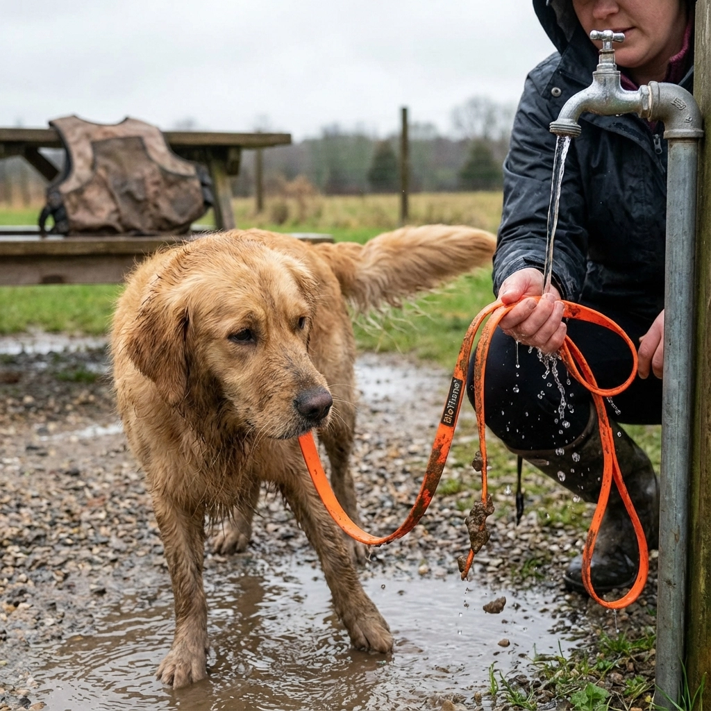 Muddy BioThane Leash being rinsed under faucet