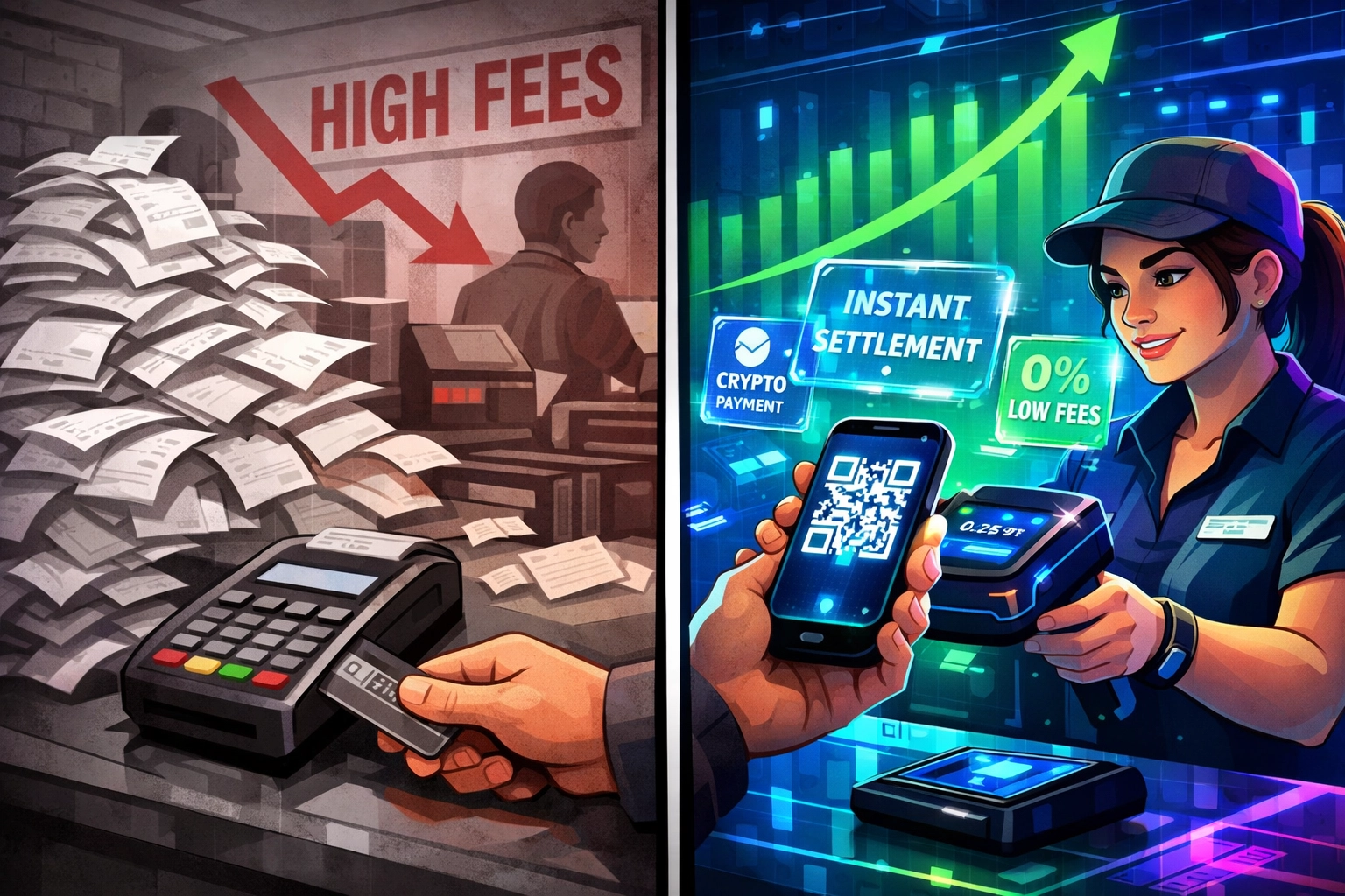 Comparison of traditional POS with high fees versus crypto QR code payment system with instant settlement