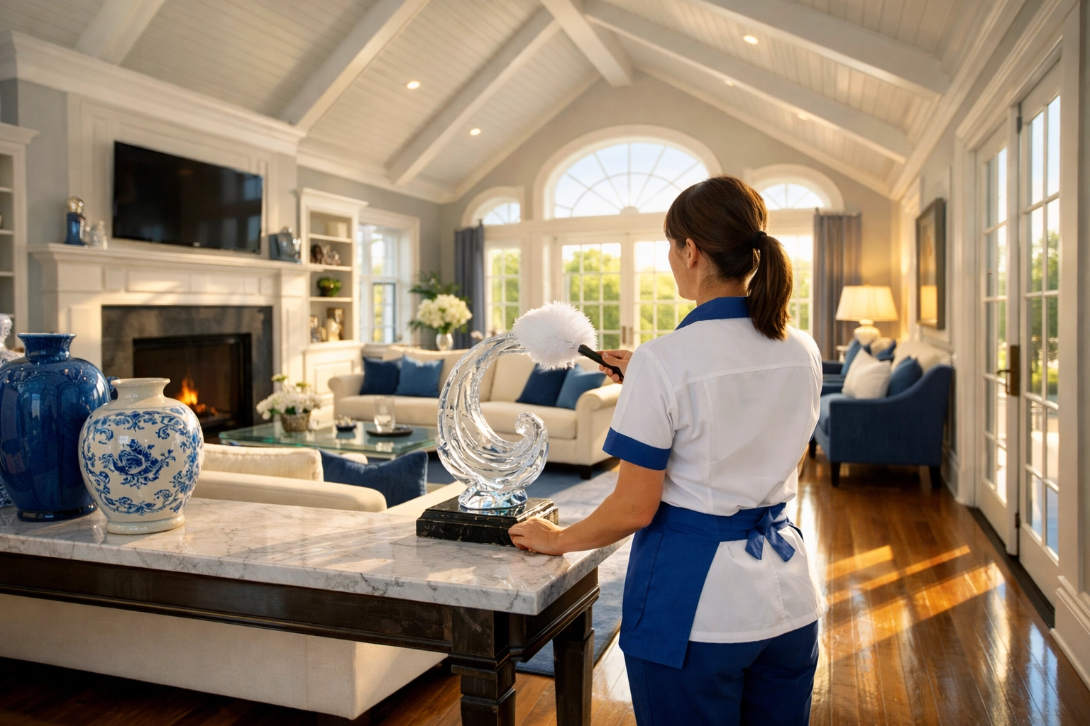 Professional house cleaning services MA expert dusting a luxury living room with precision and care.
