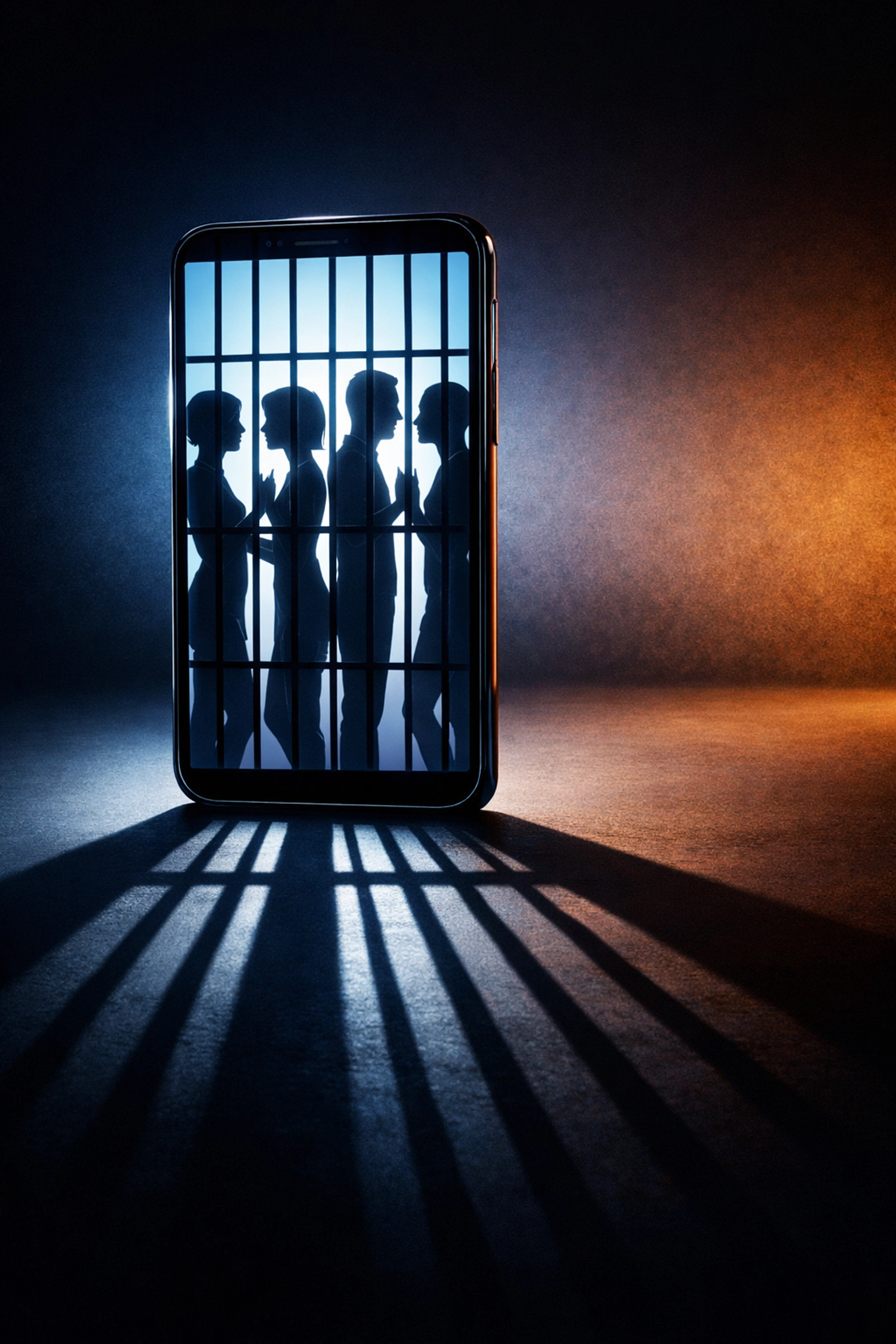 Smartphone with prison bar shadow trapping LGBTQ+ people inside screen showing tech isolation