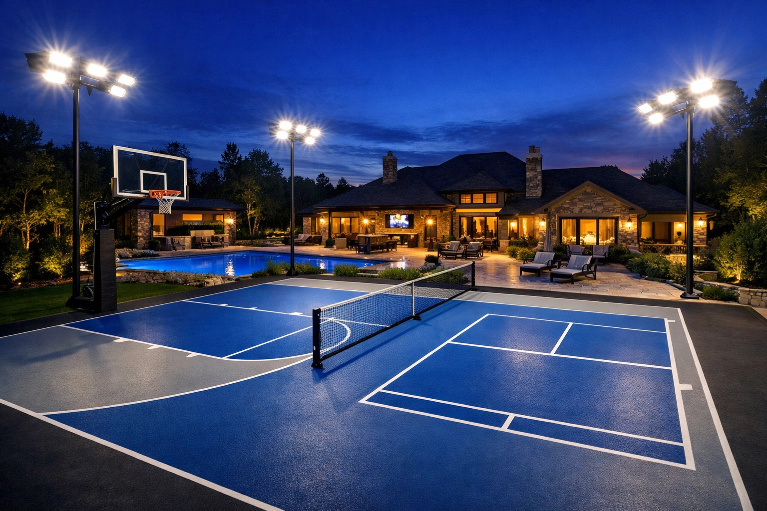 Custom backyard multi-sport court for basketball and pickleball with professional LED lighting and luxury pool.