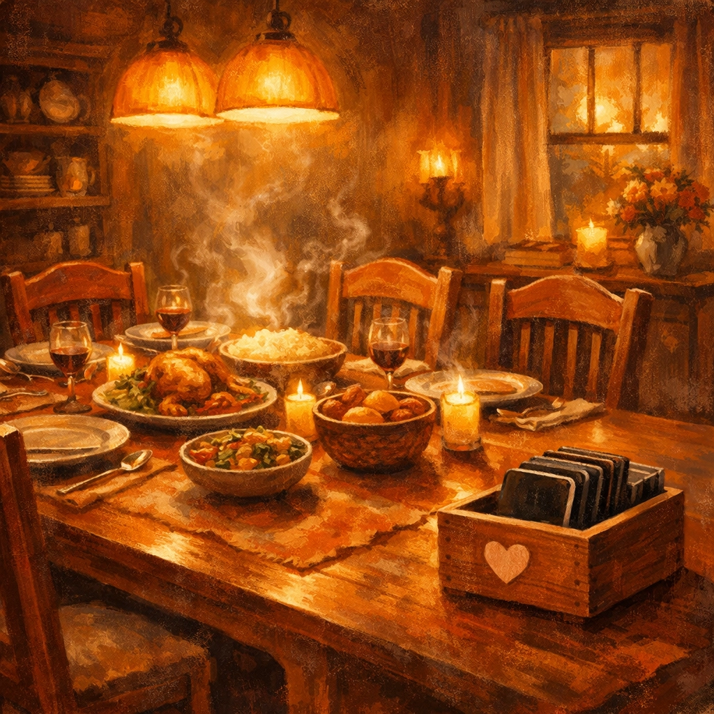 Family dinner table set with phones removed creating tech-free sacred space for connection