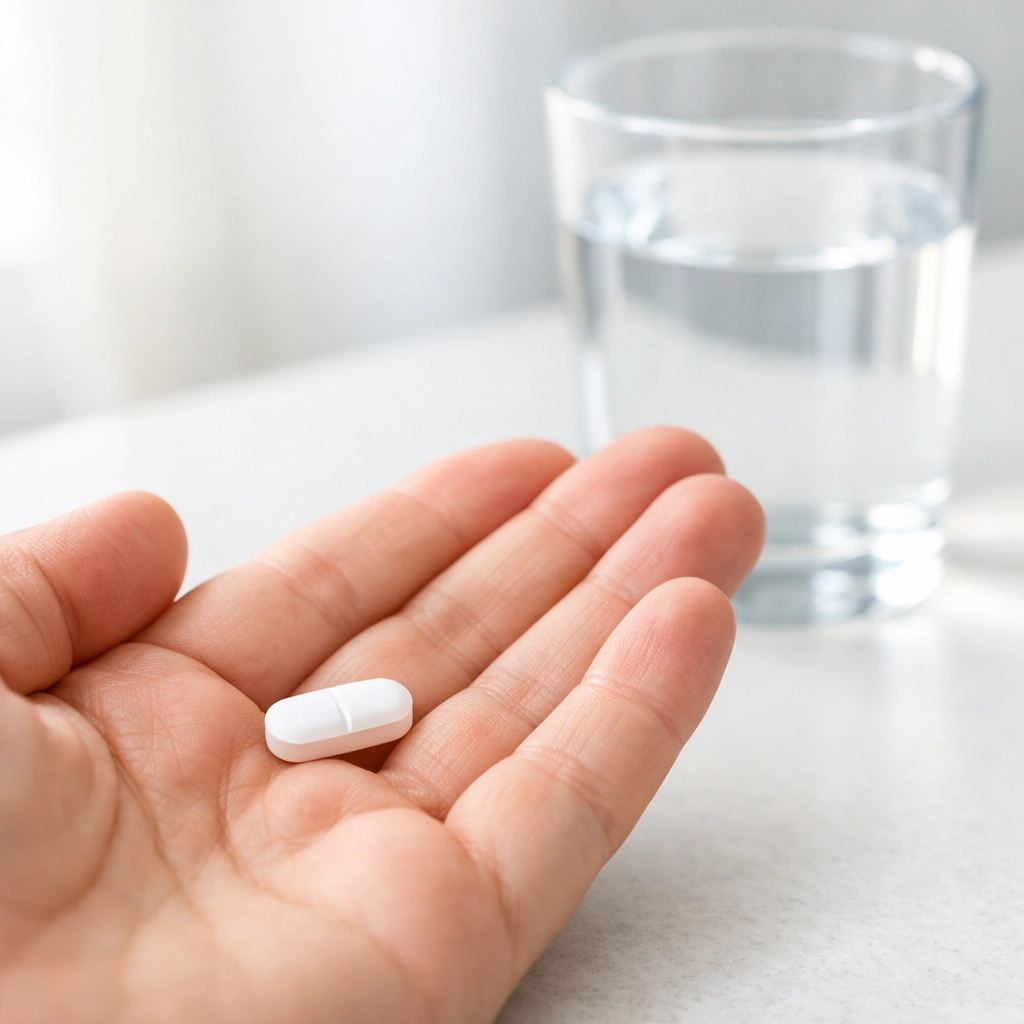 Person holding an oral Wegovy substitute tablet for needle-free medical weight loss.
