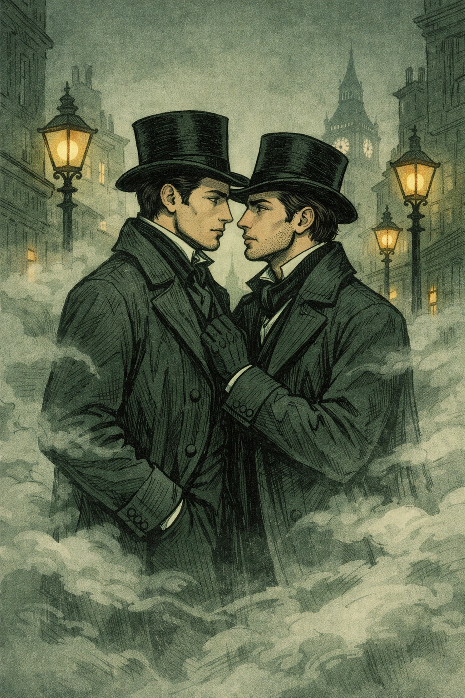 Victorian step-brothers in foggy London street - MM historical romance setting