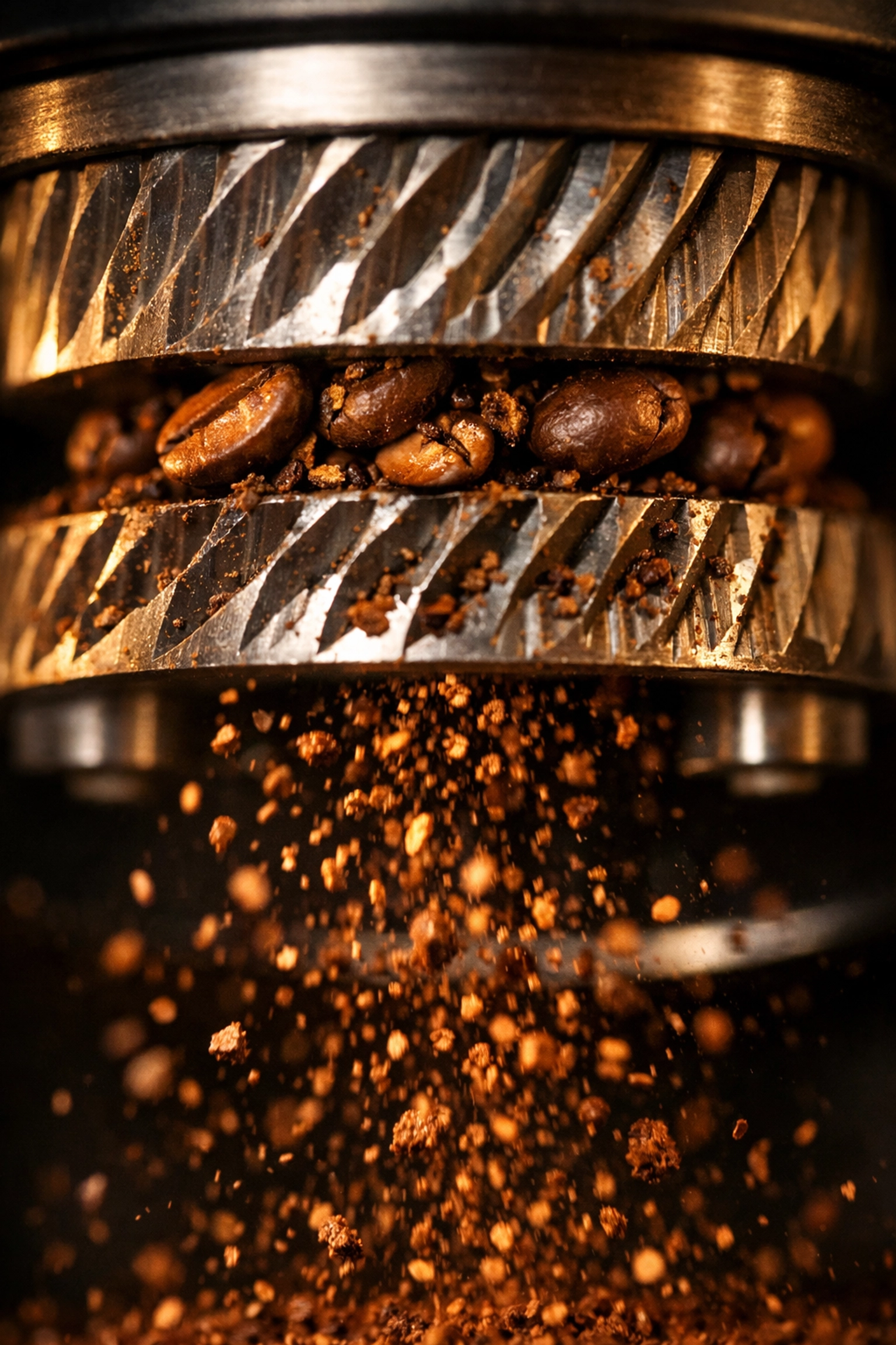 Burr grinder mechanism grinding fresh coffee beans for consistent particle size