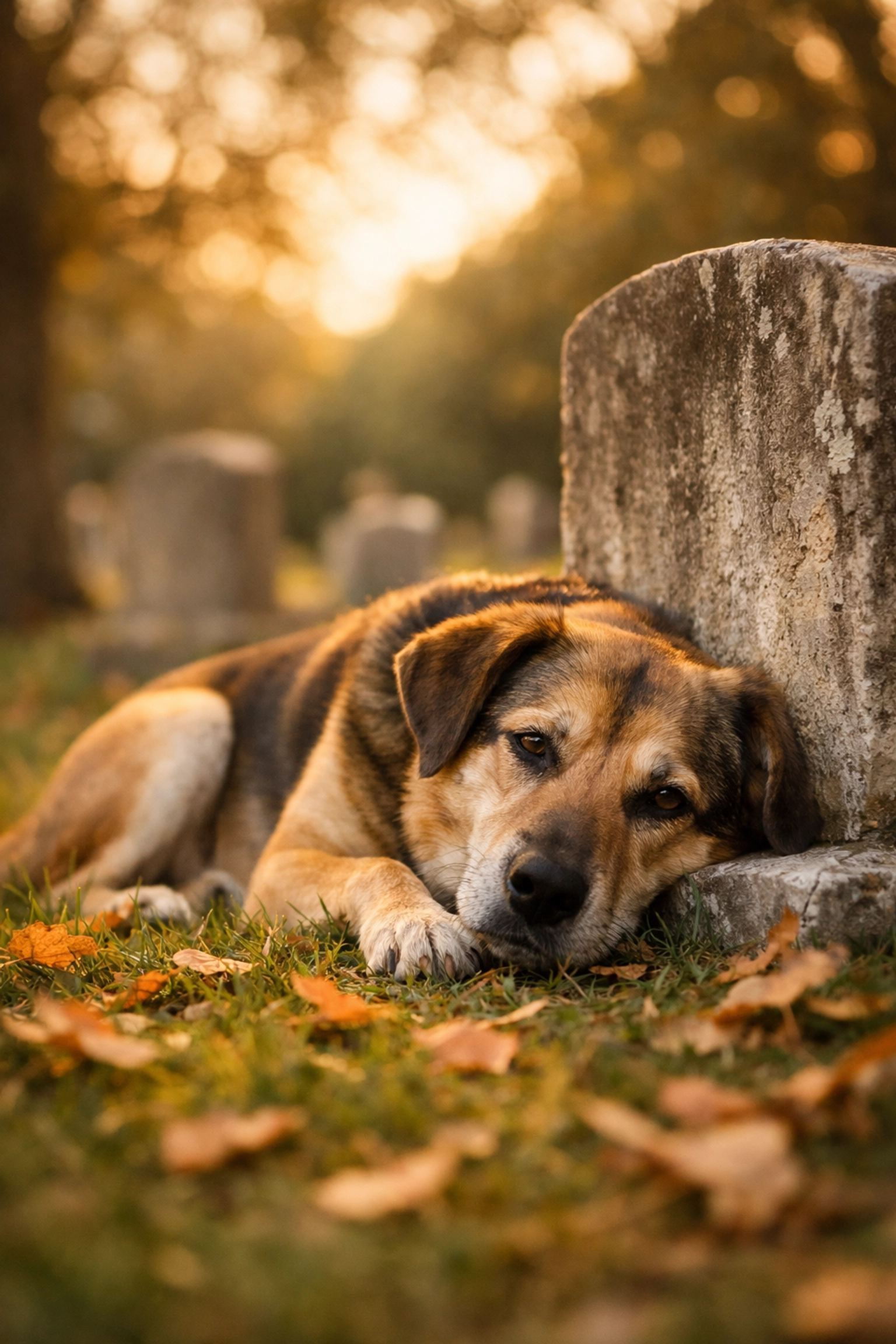 Loyal dog resting beside owner's gravestone demonstrating canine devotion and unwavering loyalty