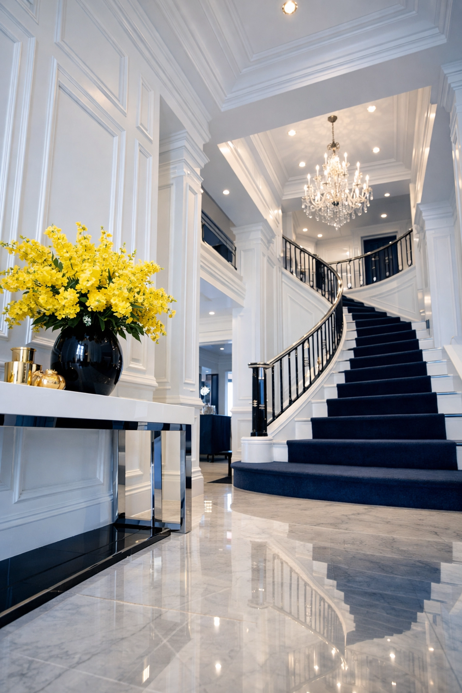 Immaculate luxury home hallway and staircase cleaned to perfection by house cleaning Tewksbury MA professionals.