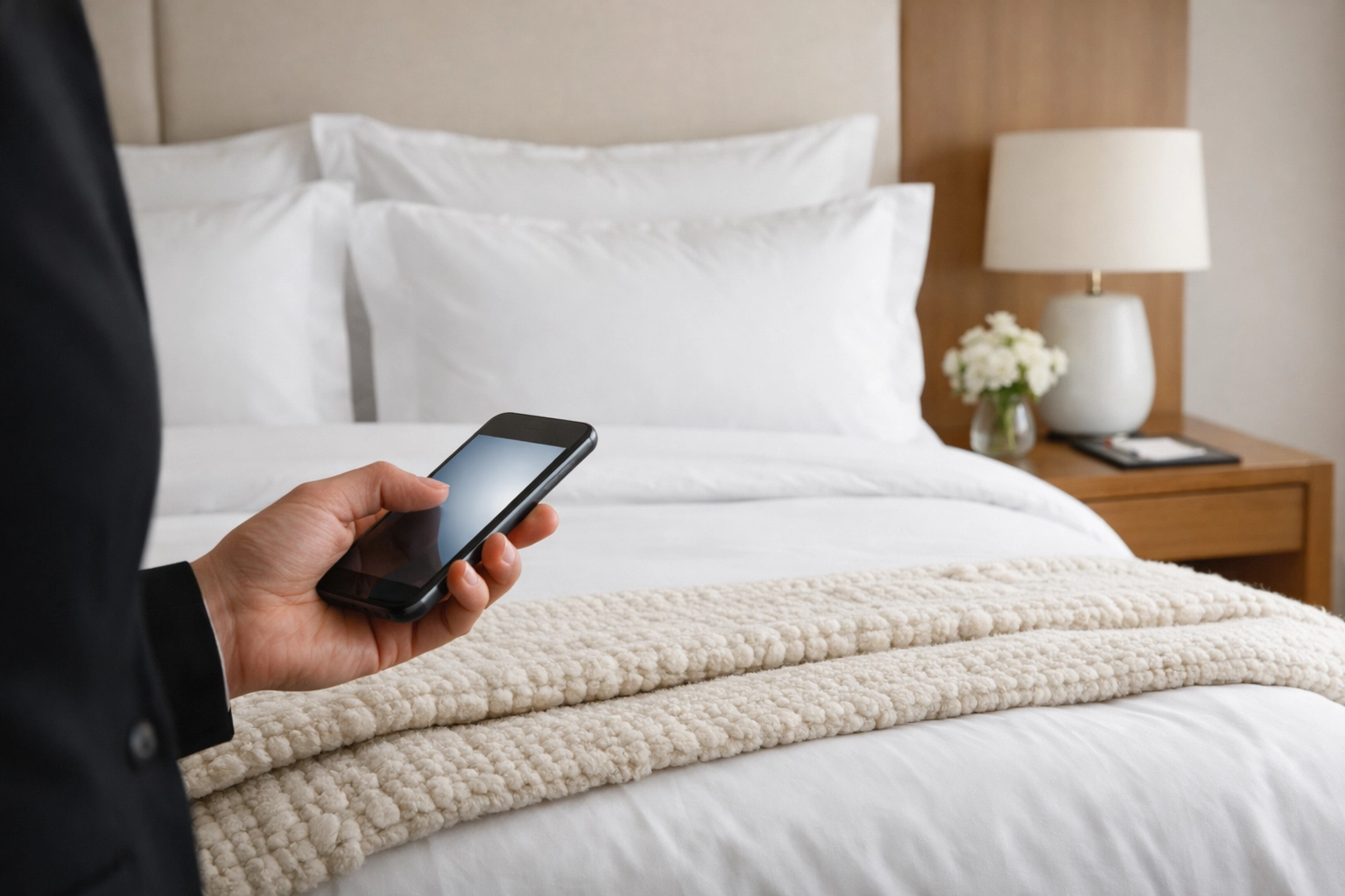 Staff member using a mobile app for hotel operations in a perfectly prepared luxury guest room.