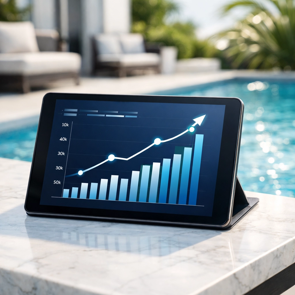 Tablet showing financial growth chart by a swimming pool, illustrating pool route valuation and net proceeds.