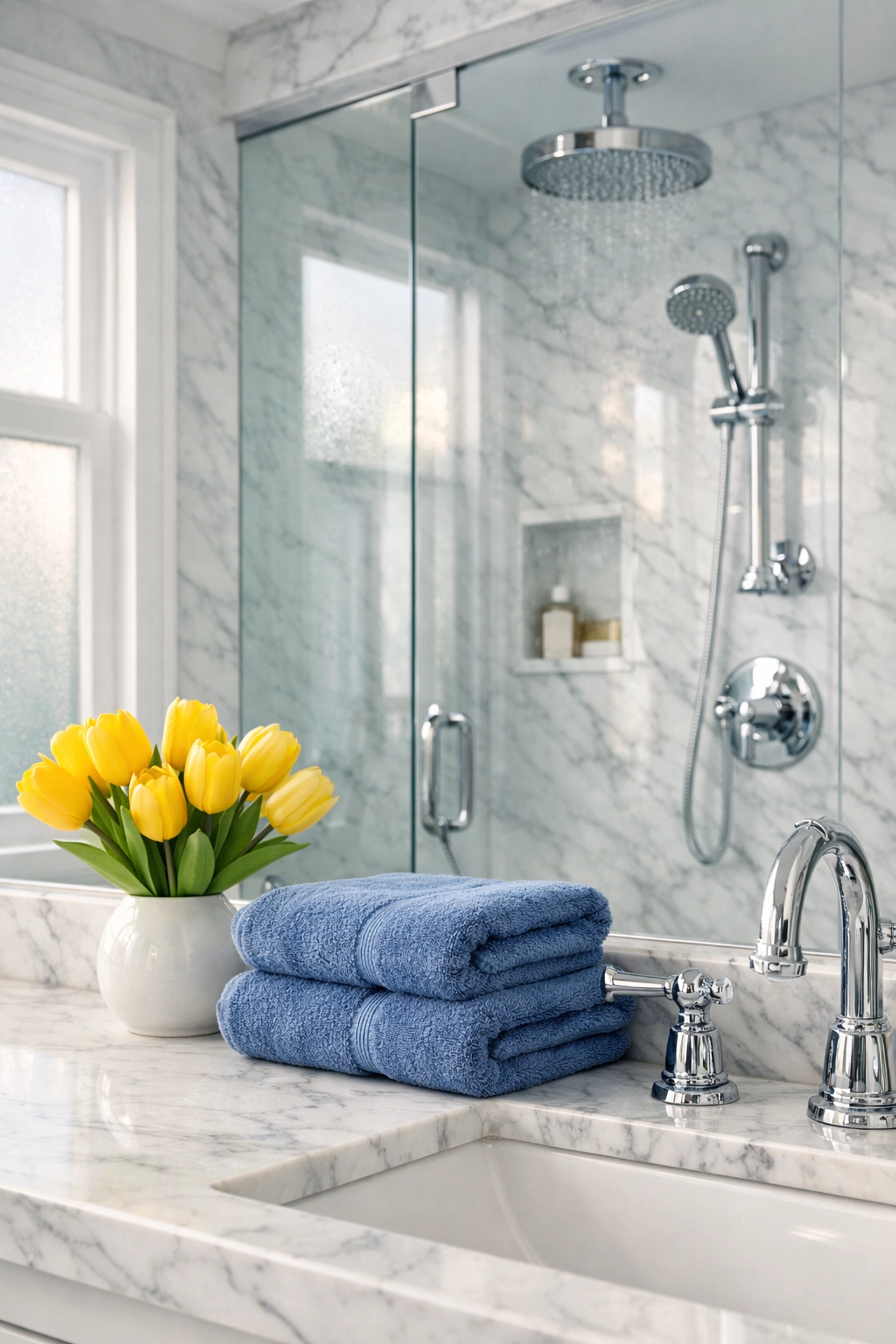 Spotless marble bathroom in a luxury home following recurring residential cleaning Massachusetts.