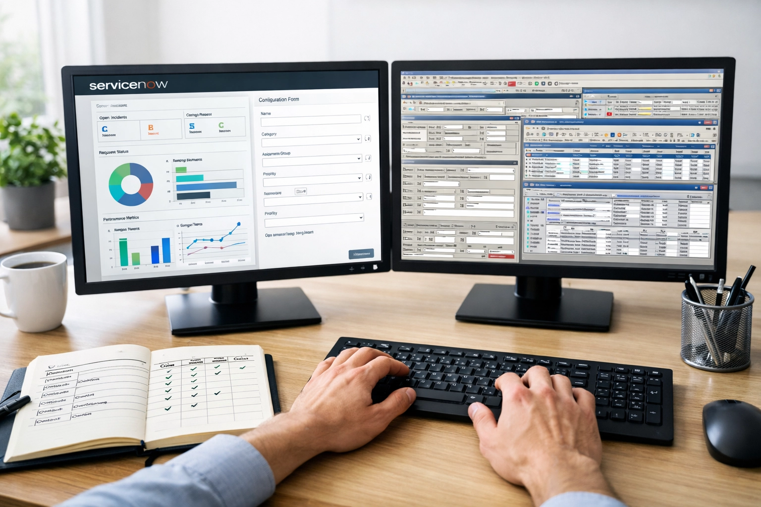 ServiceNow configuration dashboard showing clean ITSM interface versus legacy system