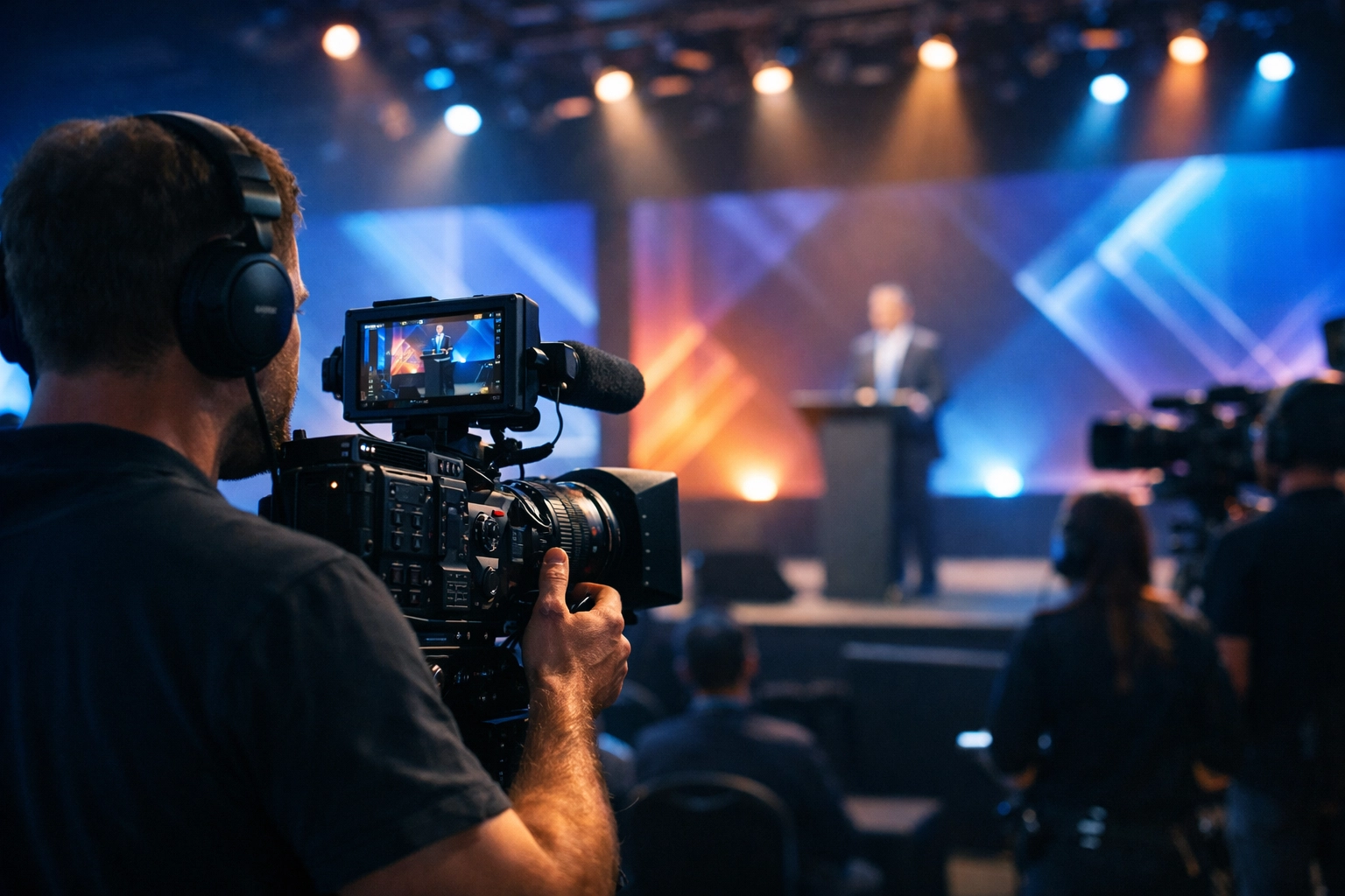 A professional videographer capturing high-quality media content at a large-scale corporate event.