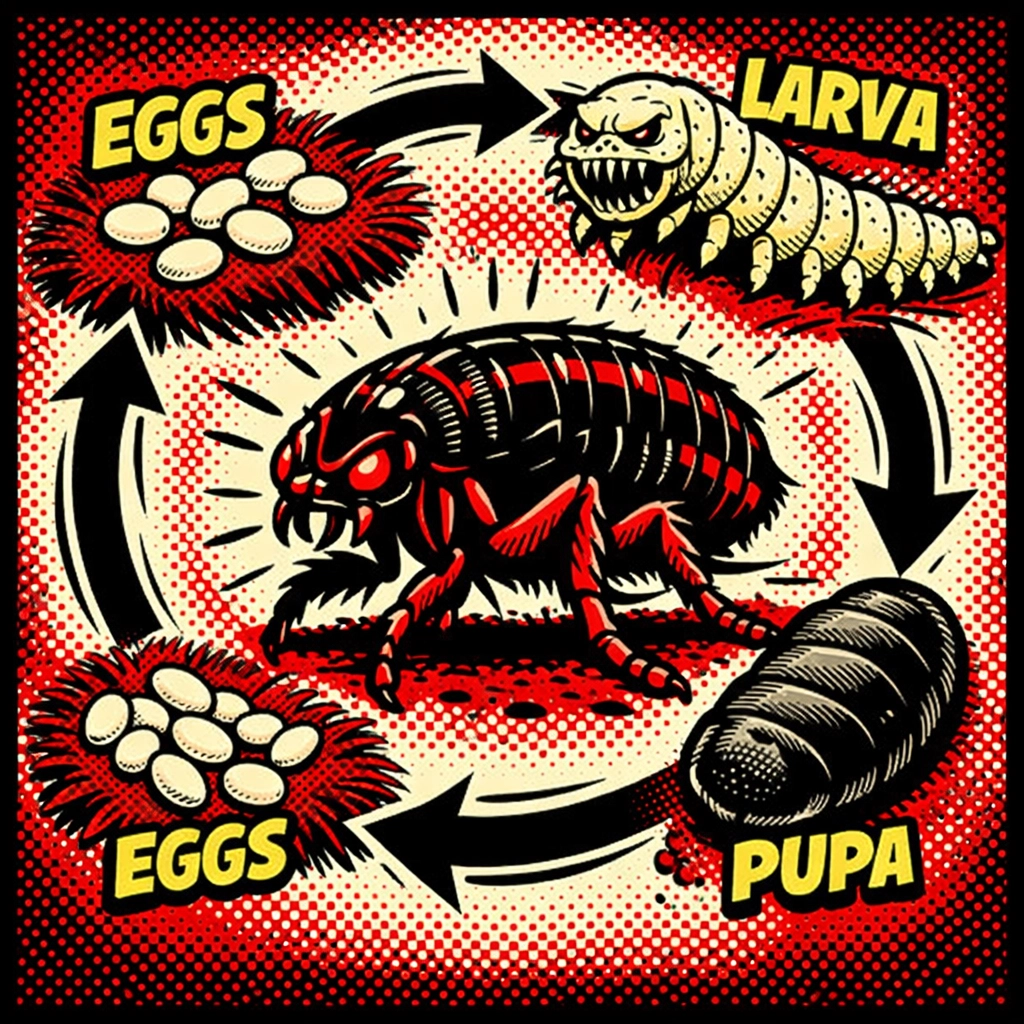 Flea life cycle diagram showing eggs, larvae, and pupae stages in carpet and yard