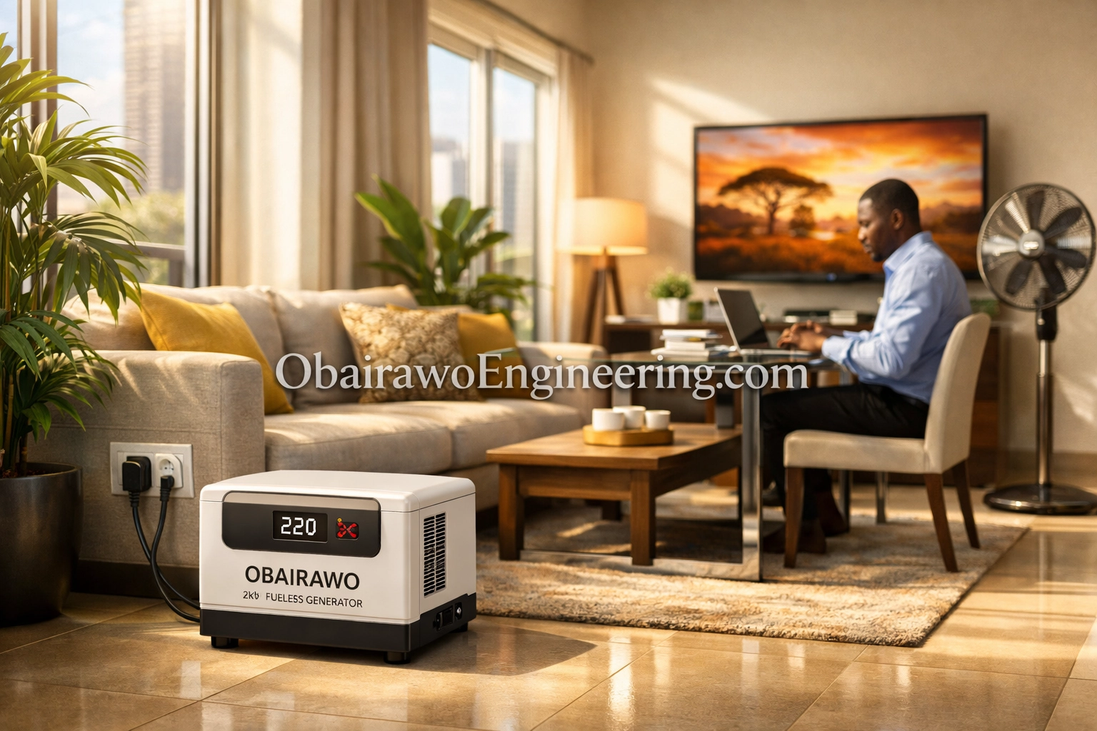 Obairawo 2kVA fuelless generator providing silent power for a modern apartment and home office.