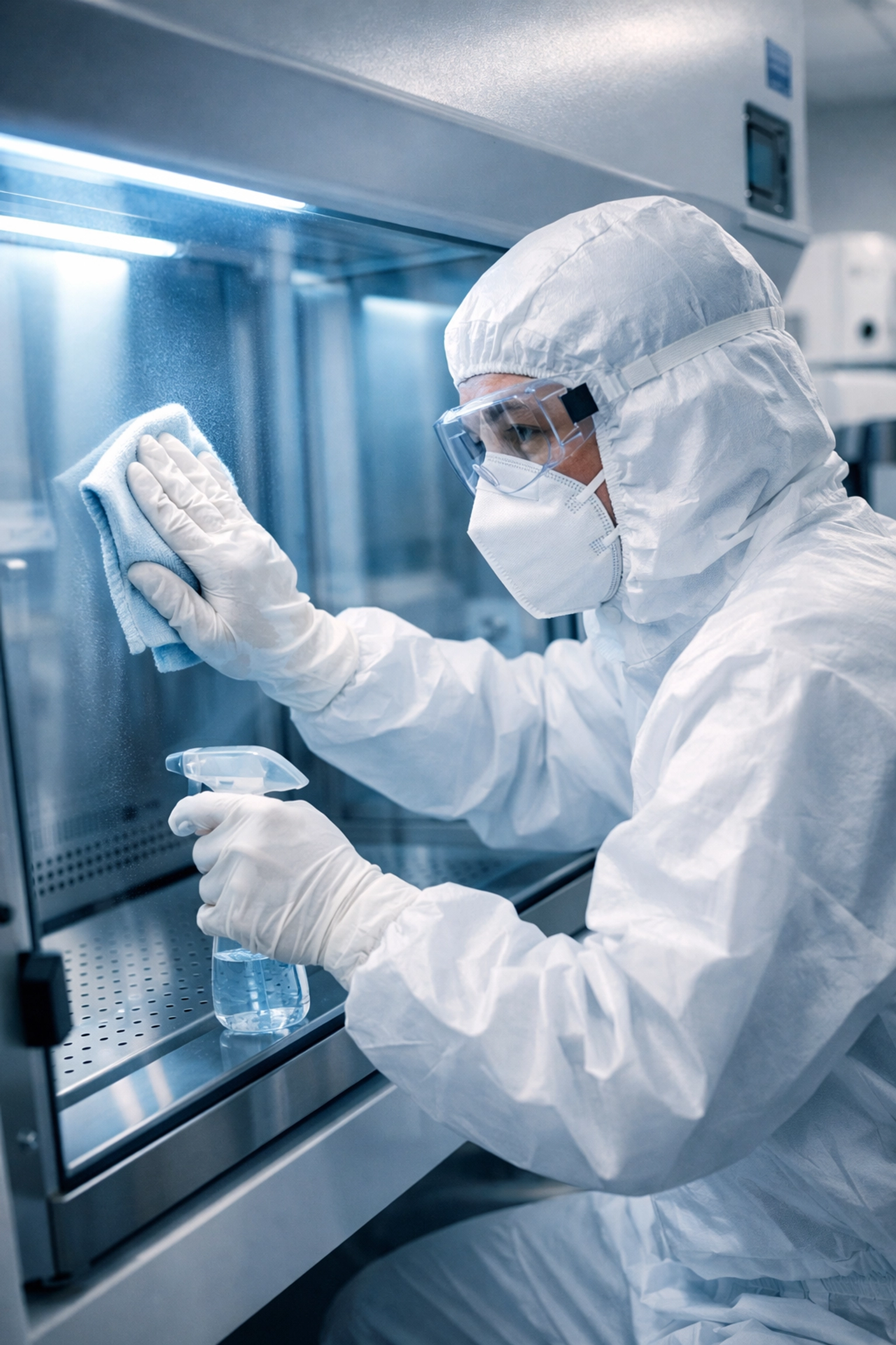 Cleaning specialist in a sterile gown sanitizing a laboratory bio-safety cabinet in Waltham.